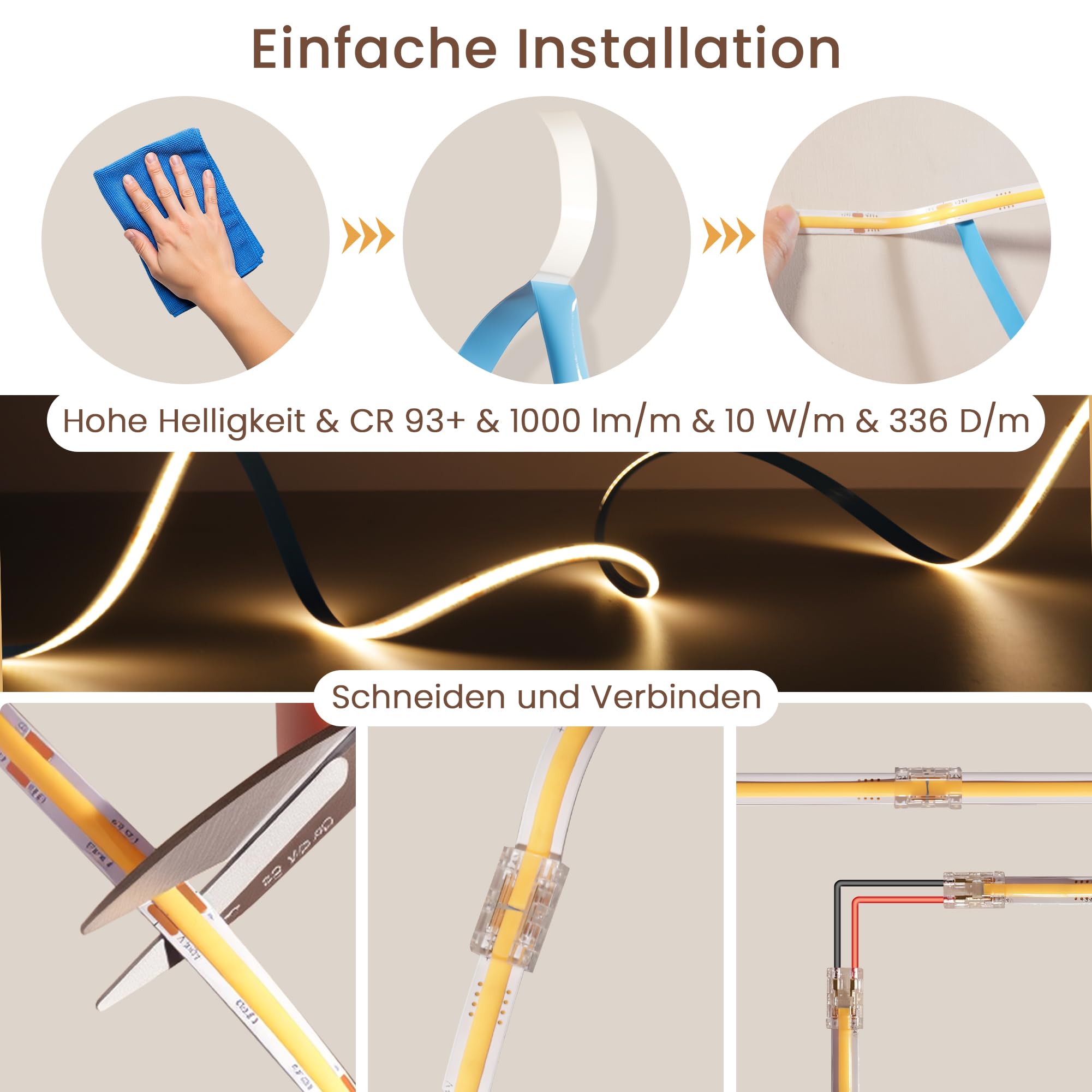 24V COB LED Streifen 20M Dimmbar 3000K LED Strip Warmweiss kürzbar, Alexa Kompatibel, 10W/M, 336 LEDs/M, CRI 93+, 1000lm/M LED Band mit Netzteil für Schlafzimmer, Küchenschränke, Wohnzimmerdecke