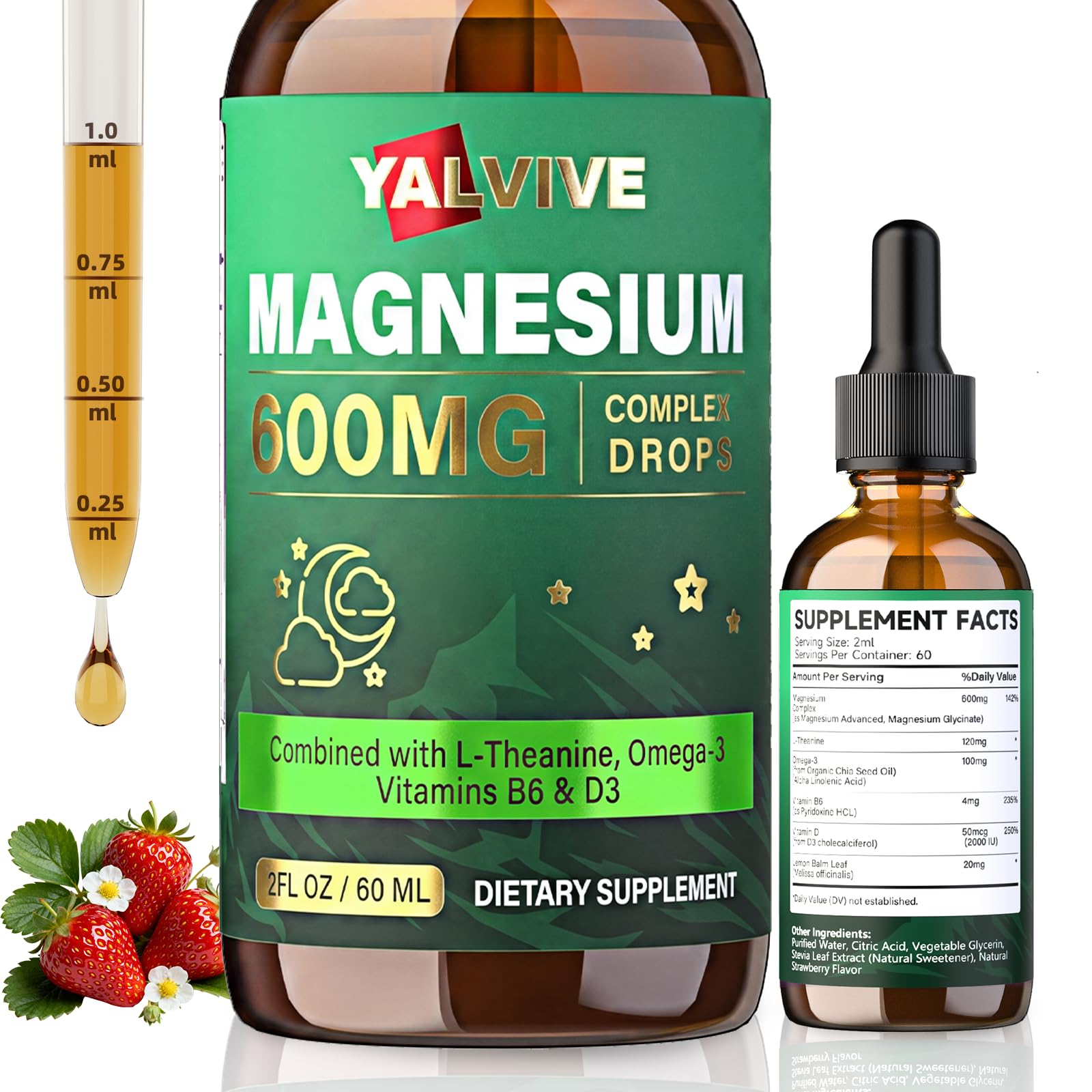 Magnesium Glycinate Liquid Drops 600mg, High Absorption Magnesium Complex with L-Theanine, Omega-3, B6, D3, Lemon Balm | Calm Sleep Brain Nerve Bone Support | 2 Fl Oz Strawberry Flavor