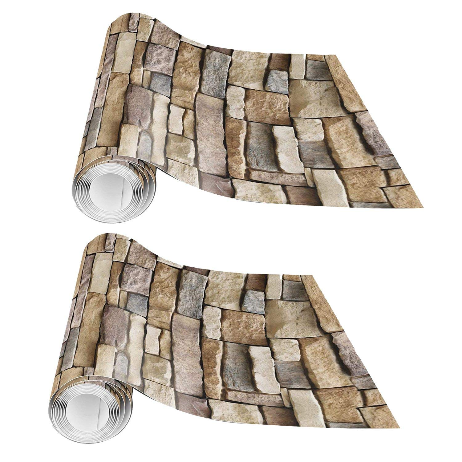 Monland 2 Rolls Self Adhesive Wallpaper Backsplash, Wall Paper or Shelf Paper 3D Faux Textured Stone Wall Look Wallpaper