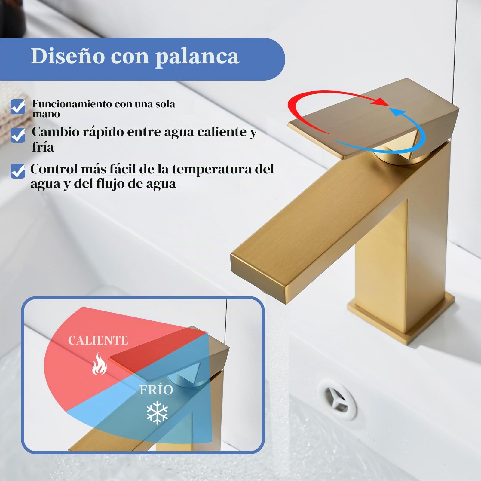 Grifo monomando dorado para lavabo con desagüe, monomando dorado, monomando para lavabo, con desagüe desplegable, mono-cuadrado