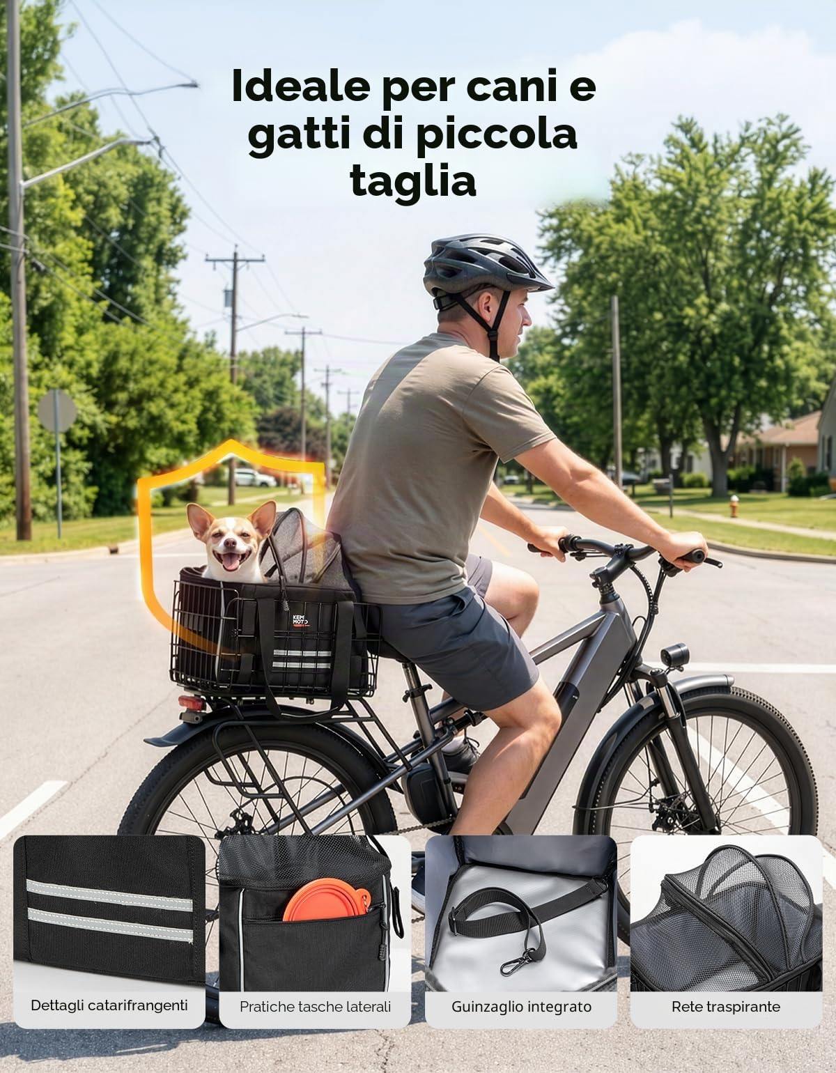 KEMIMOTO Cestino Posteriore per Bici per Cani e Gatti, Trasportino Pieghevole per Animali Fino a 9KG con Telaio in Metallo, Cestino Bicicletta per Animali Domestici con Strisce Riflettenti, Cuscino