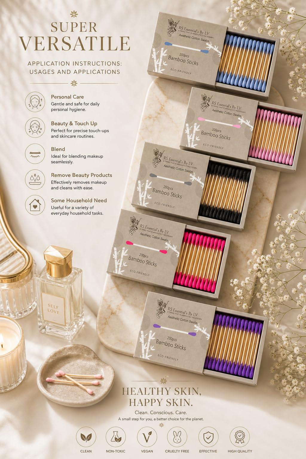 RS ESSENTIAL'S BY LV: Ästhetische Wattestäbchen, Ohrenstäbchen, Bambusstäbchen, 200 Wattestäbchen in 5 bunten Farben, Rosa