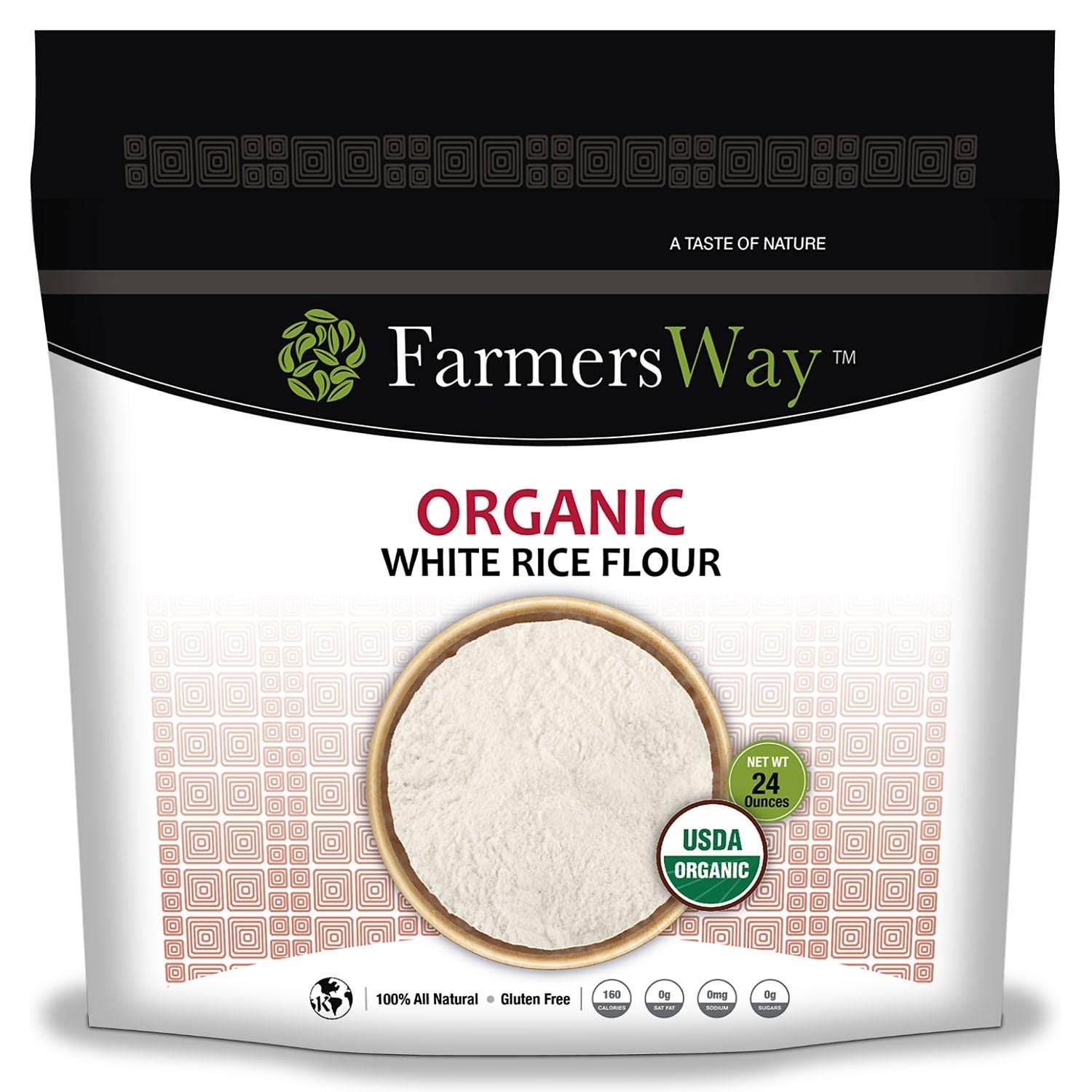 Farmers Way Organic White Rice Flour, is an organic and gluten free white rice flour that is high in protein and fiber, 24 ounce bag