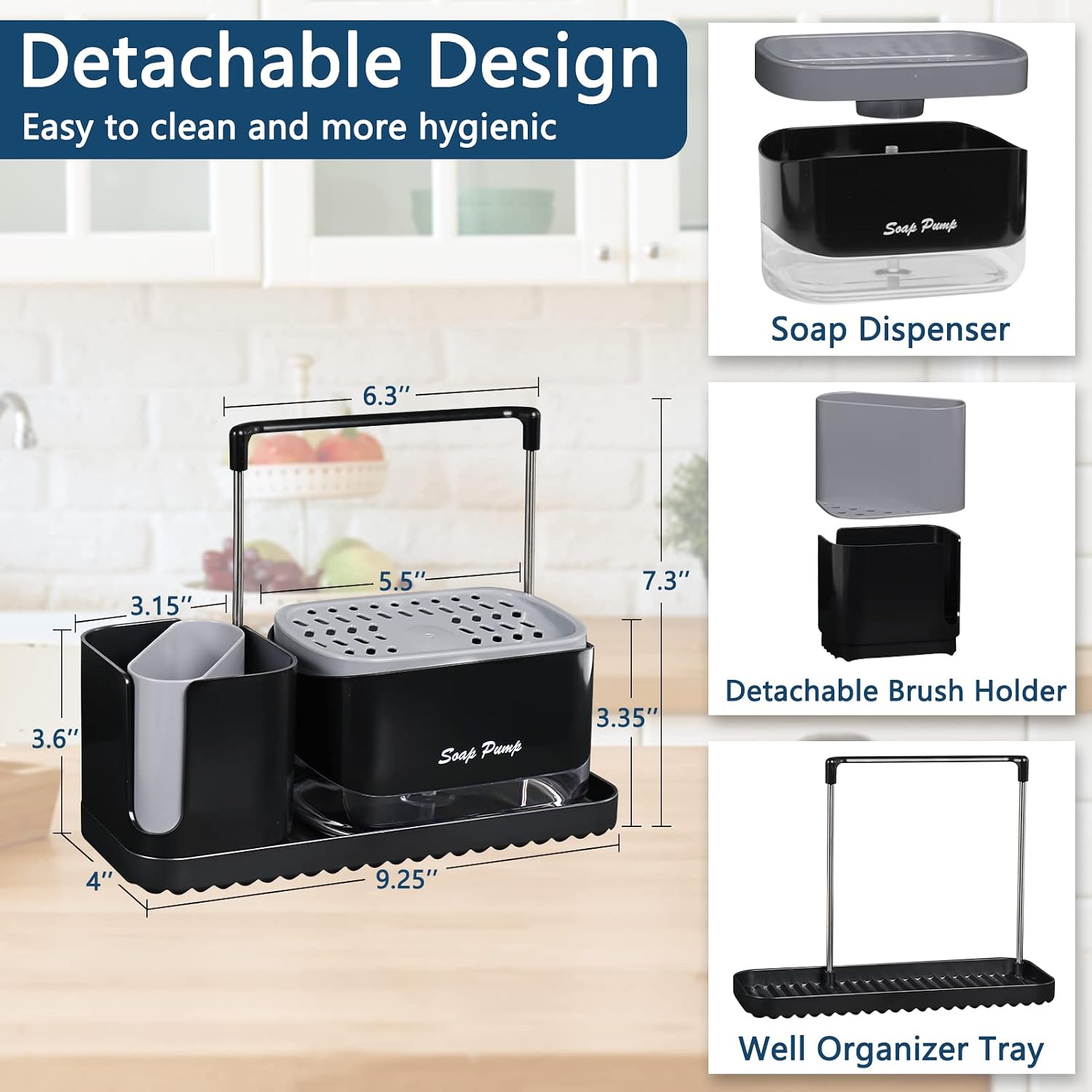 Kitchen Soap Dispenser with Sponge Holder, Soap Pump Dispenser Set with Brush Holder, Detachable Soap Dispensing and Sponge Holder, Countertop Sponge Caddy Soap Dish Dispenser for Kitchen Sink, Black