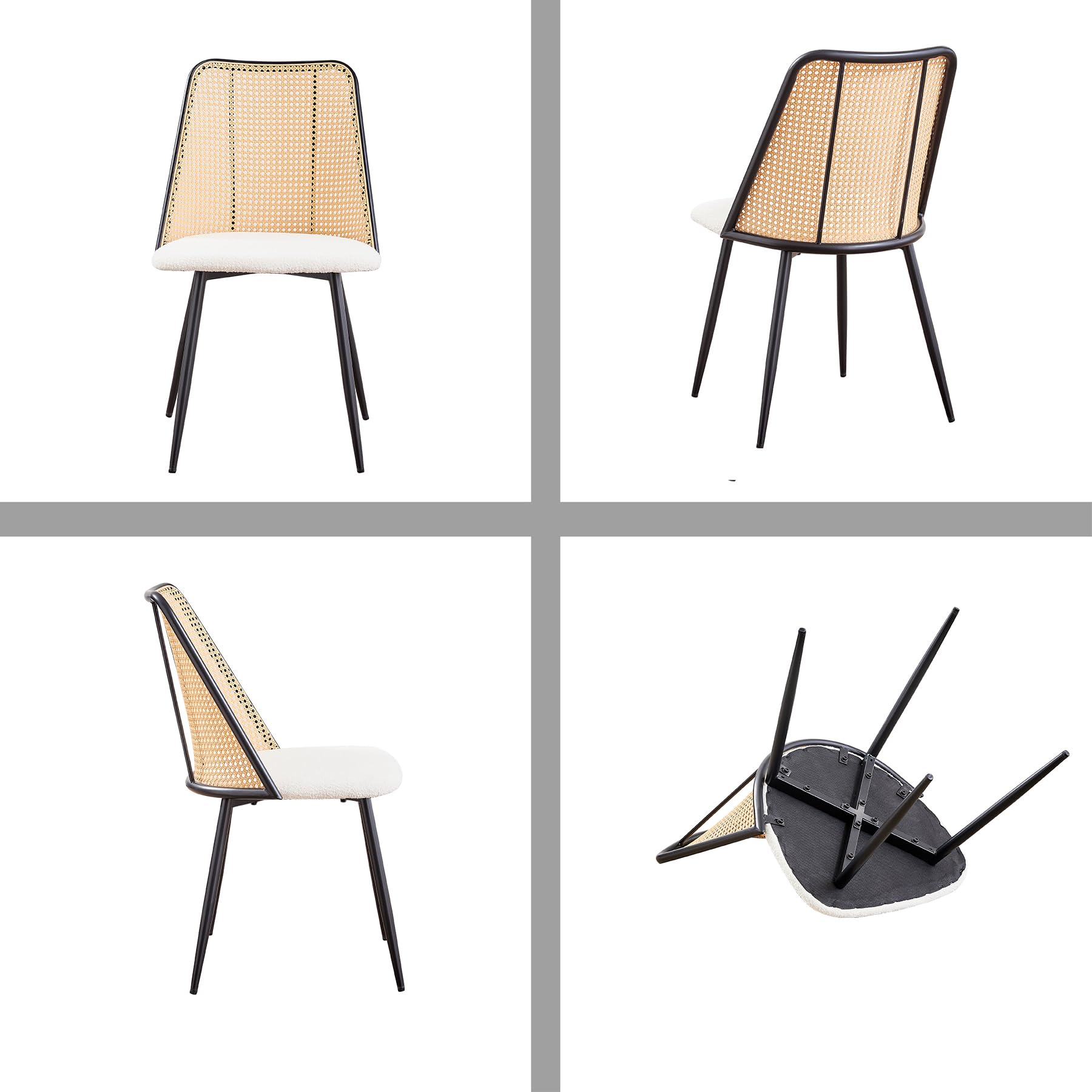 Juego de 8 Sillas de Comedor Modernas, Respaldo Tejido de Ratán, Asiento de Felpa Granulada, Estructura de Metal Negro, se Puede Usar como Silla de Cocina, Silla de Sala de Estar