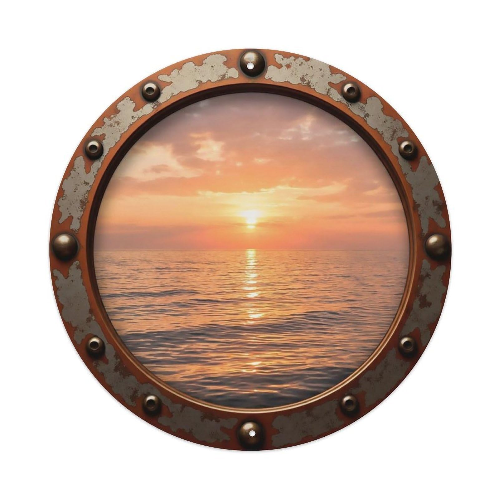 Vintage Porthole Golden Sunrise Ocean View Metal Tin Sign