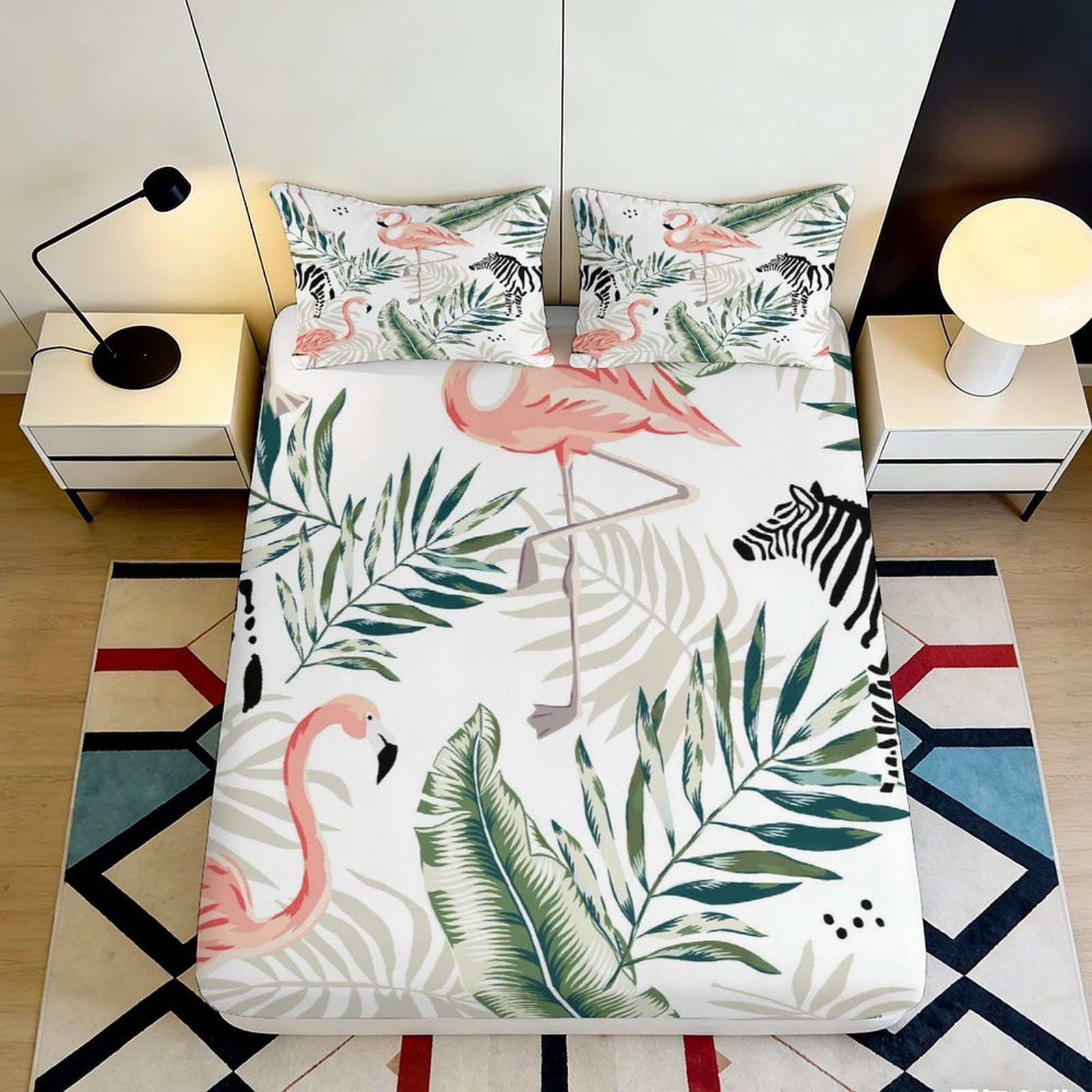 3D Printed Flamingo Tropical Leaves Fitted Sheet Microfiber Soft Decorative Zebra Bed Cover for Bedroom Guest Room 90x200x25cm