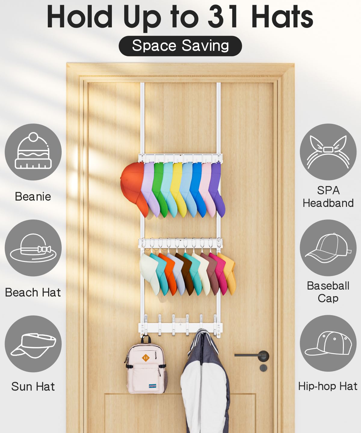 Condition photo showing Brand New for 3 Tier Over Door Hat Rack - Baseball Cap Wall Mounted Hat Organizer, Hat Holder with 18 Hooks and 10 Movable Clips, Hat Storage Holds up to 30 Caps for Door, Bedroom, Closet (Silver)