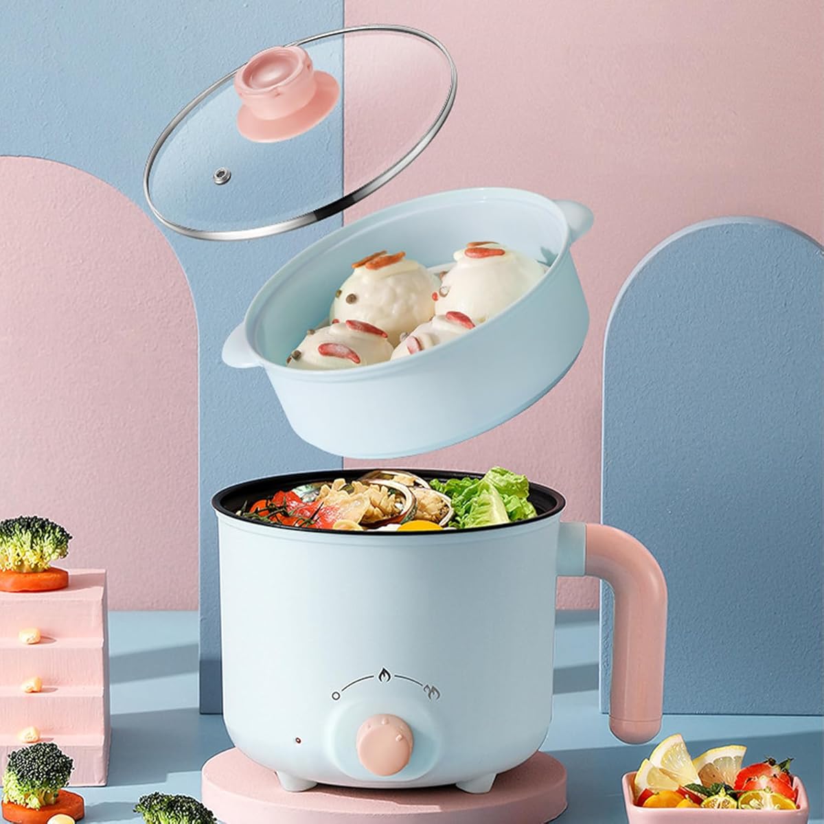 Electric Hot Pot, 1.8L Mini Multifunction Electric Cooker for Shabu-Shabu, Stir Fry, Noodles, Pasta, Nonstick Frying Pan for Sauté, Dual Power Control Ramen Cooker for Dorm and Office