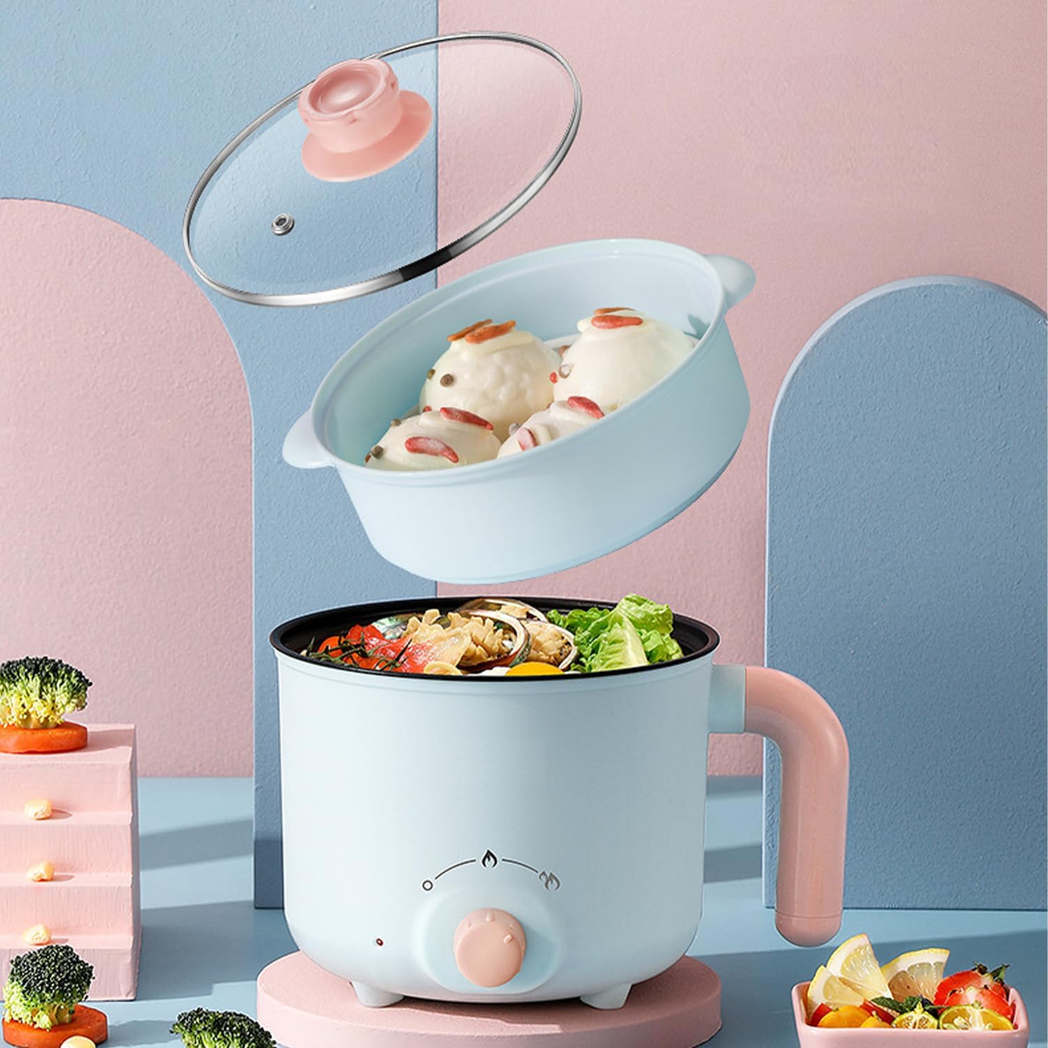 Electric Hot Pot, 1.8L Mini Multifunction Electric Cooker for Shabu-Shabu, Stir Fry, Noodles, Pasta, Nonstick Frying Pan for Sauté, Dual Power Control Ramen Cooker for Dorm and Office