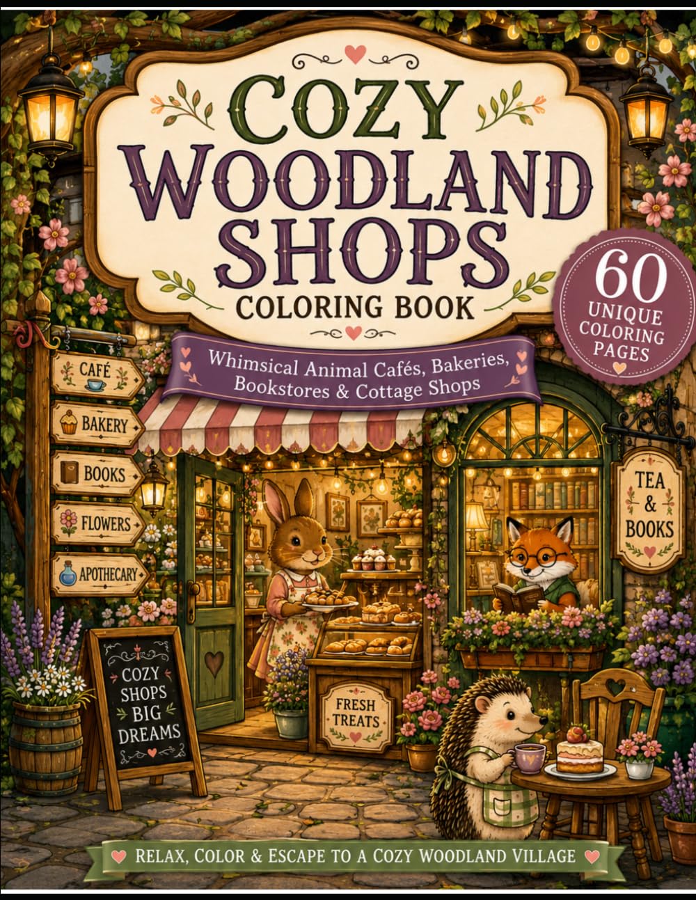 Cozy Woodland Shops Coloring Book: Whimsical Animal Cafés, Bakeries, Bookstores & Cottage Shops (Mandala Escape Coloring Series)