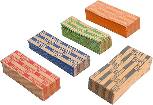 NATURALABEL 250 envoltorios de monedas planos surtidos, 50 cada uno de cuartos, dólares, centavos, paquetes de papel kraft a rayas de monedas