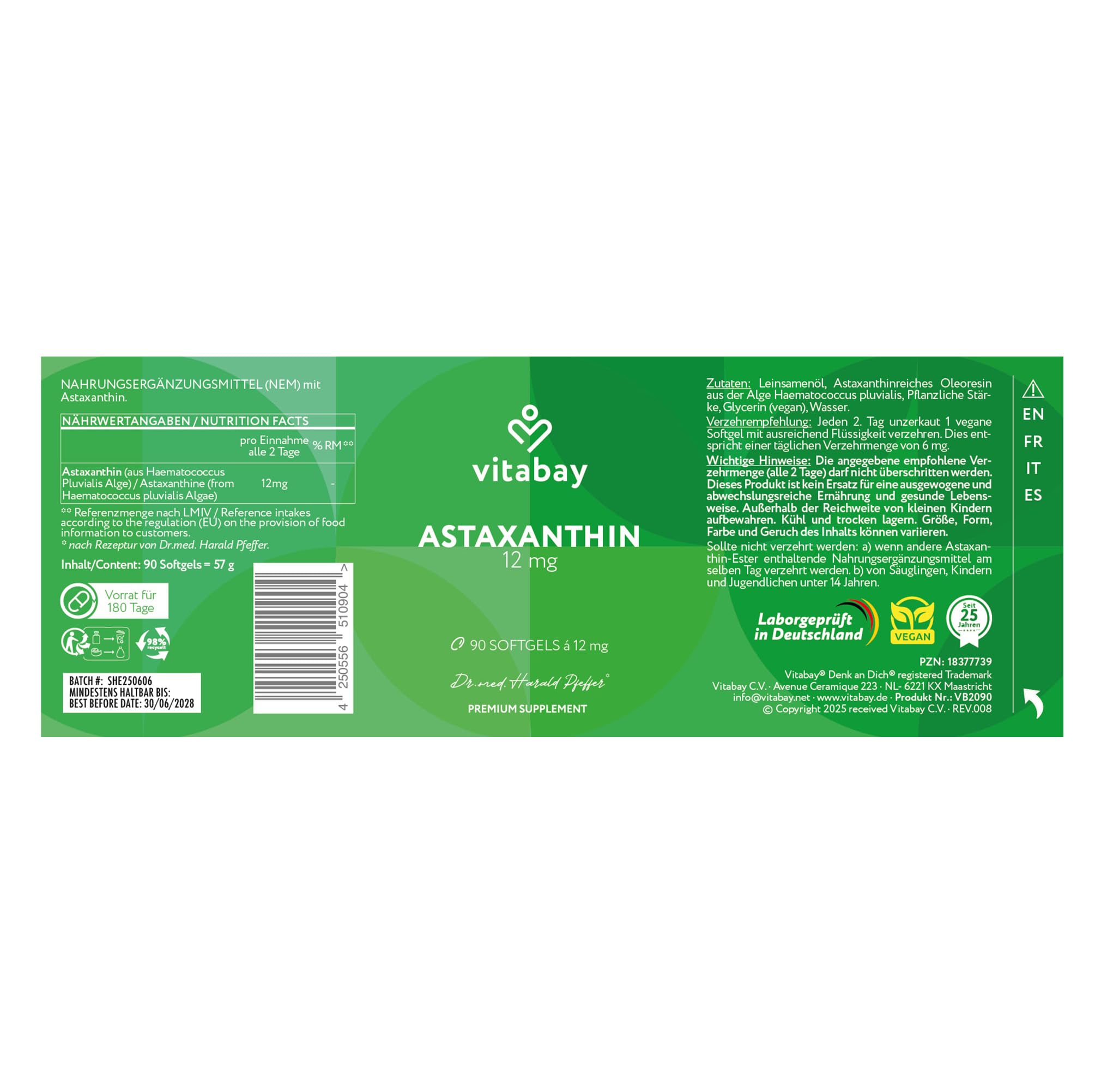 Vitabay Astaxanthin 12 mg hochdosiert – 90 vegane Softgel-Kapseln – laborgeprüft & ohne Zusatzstoffe – Premium-Rohstoff natürlich gewonnen aus Haematococcus pluvialis Algenextrakt - 6 Monate Vorrat