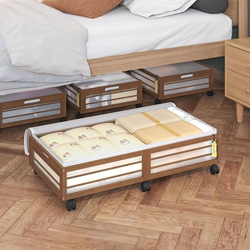 Miniatura 11 de Contenedores de Almacenamiento de Bambú Debajo de la Cama con Ruedas y Bolsa, Paquete de 2, Grandes Contenedores de Almacenamiento Rodantes Debajo