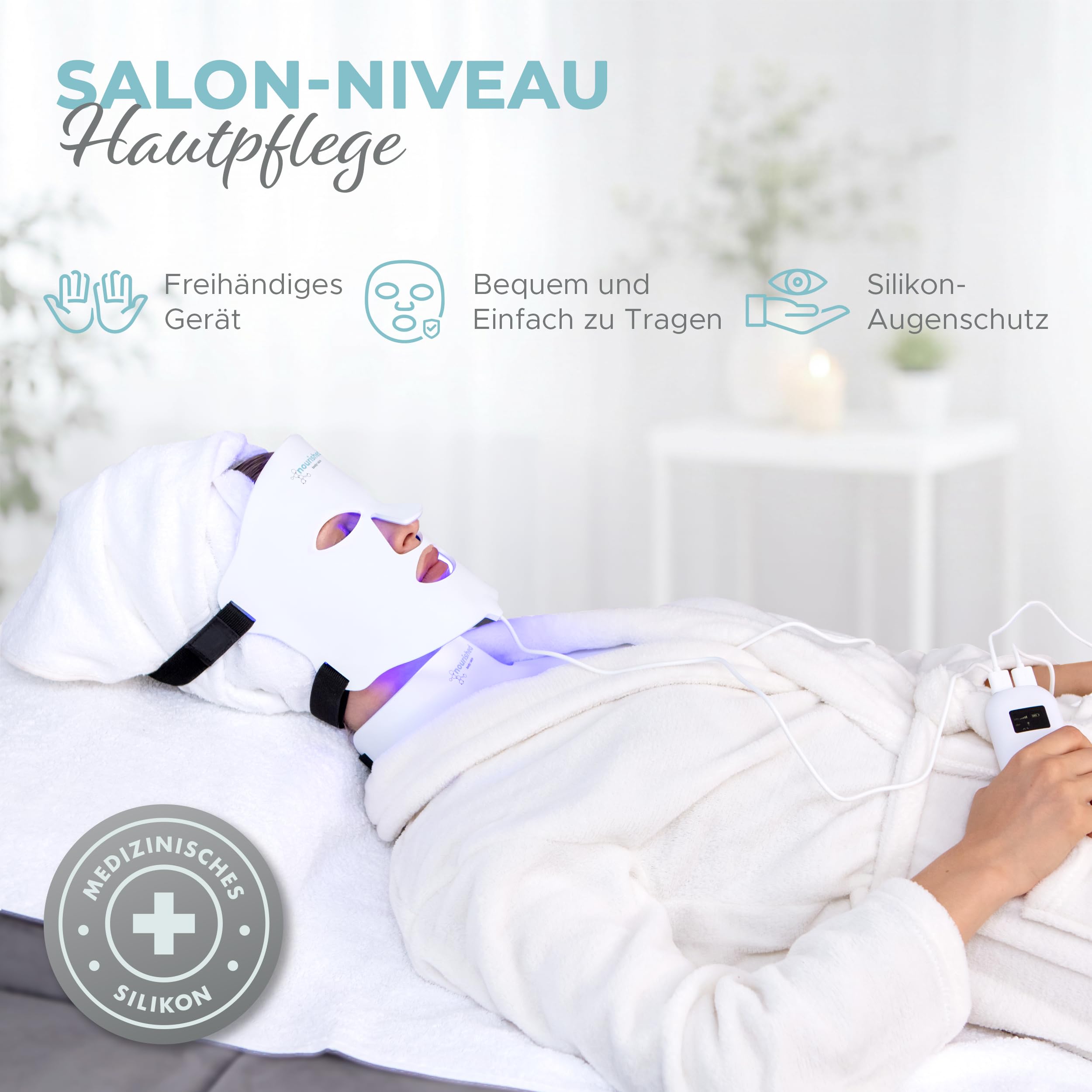 Nourished Bodynskin LED Lichttherapie Gesichts- & Halsmaske - Gesichtspflegegerät - 7 Farben Rot & Blau - Verjüngung, Anti-Aging-Produkt gegen Falten