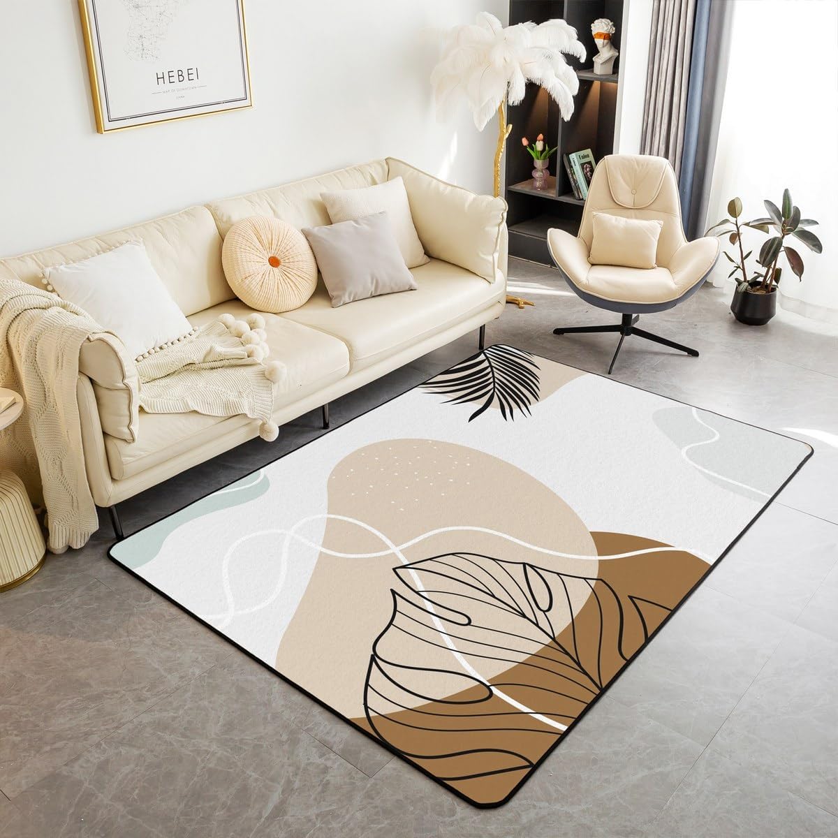 Erosebridal Kids Cute Cartoon Plants Carpet 3x5 Mid Century Art Indoor Floor Mat for Kids Boys Girls Monstera Palm Leaf Area Rug Brown Aesthetic Pattern Decorative Rug,Non Slip Washable