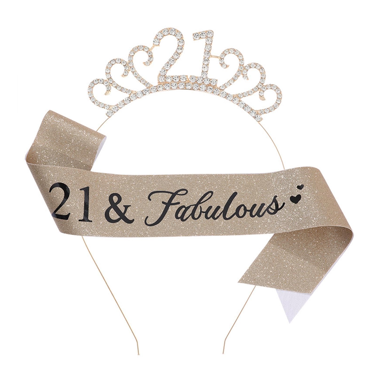 Ulmervion 21st Birthday Tiara & Sash Set for Women Party Decorations Gold