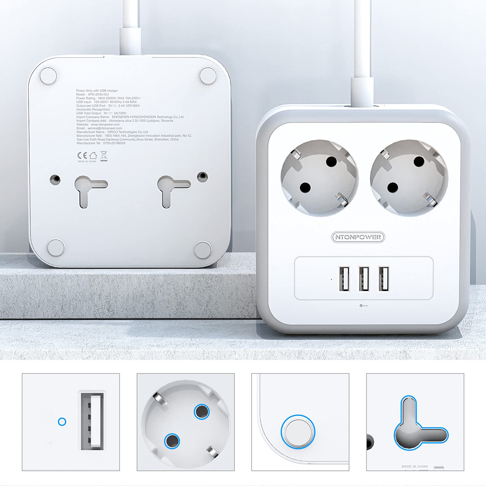 TOPREK Stekkerdoos met USB C 20W, 4000W/16A Meervoudige Stekker Met 3 USB PD en QC Snelladen 1 Stopcontact, Reis Stekkerdoos met 1.13M Kabel Verlengsnoer voor Cruiseschip, kantoor, Reis Accessoires