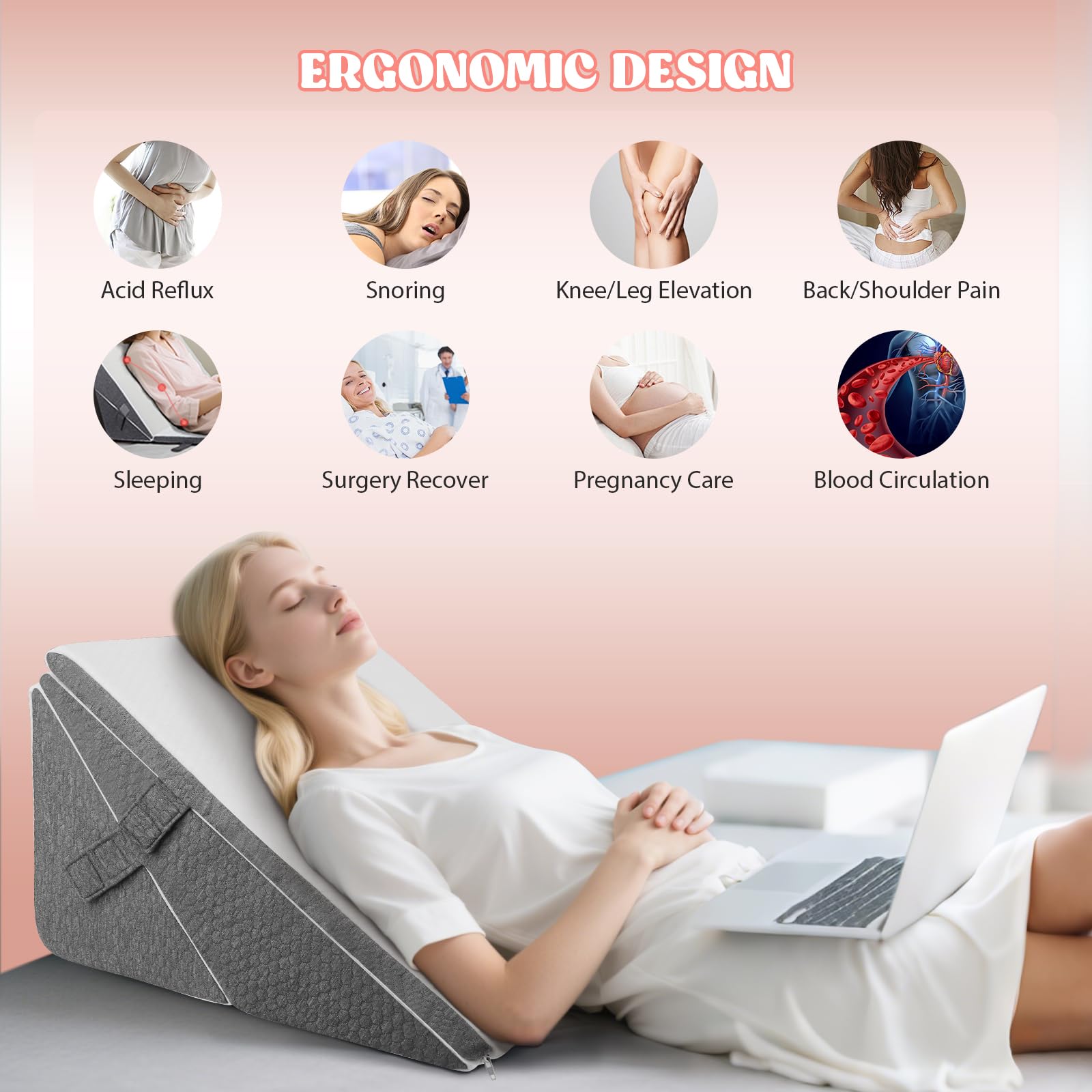Cuscino a Cuneo per Letto 3pcs, Cuscino Antireflusso Adulti, Cuscino Triangolare Regolabile, Cuscinos di Reflusso Ergonomico per Apnea Notturna, Reflusso Acido, Elevazione Delle Gambe