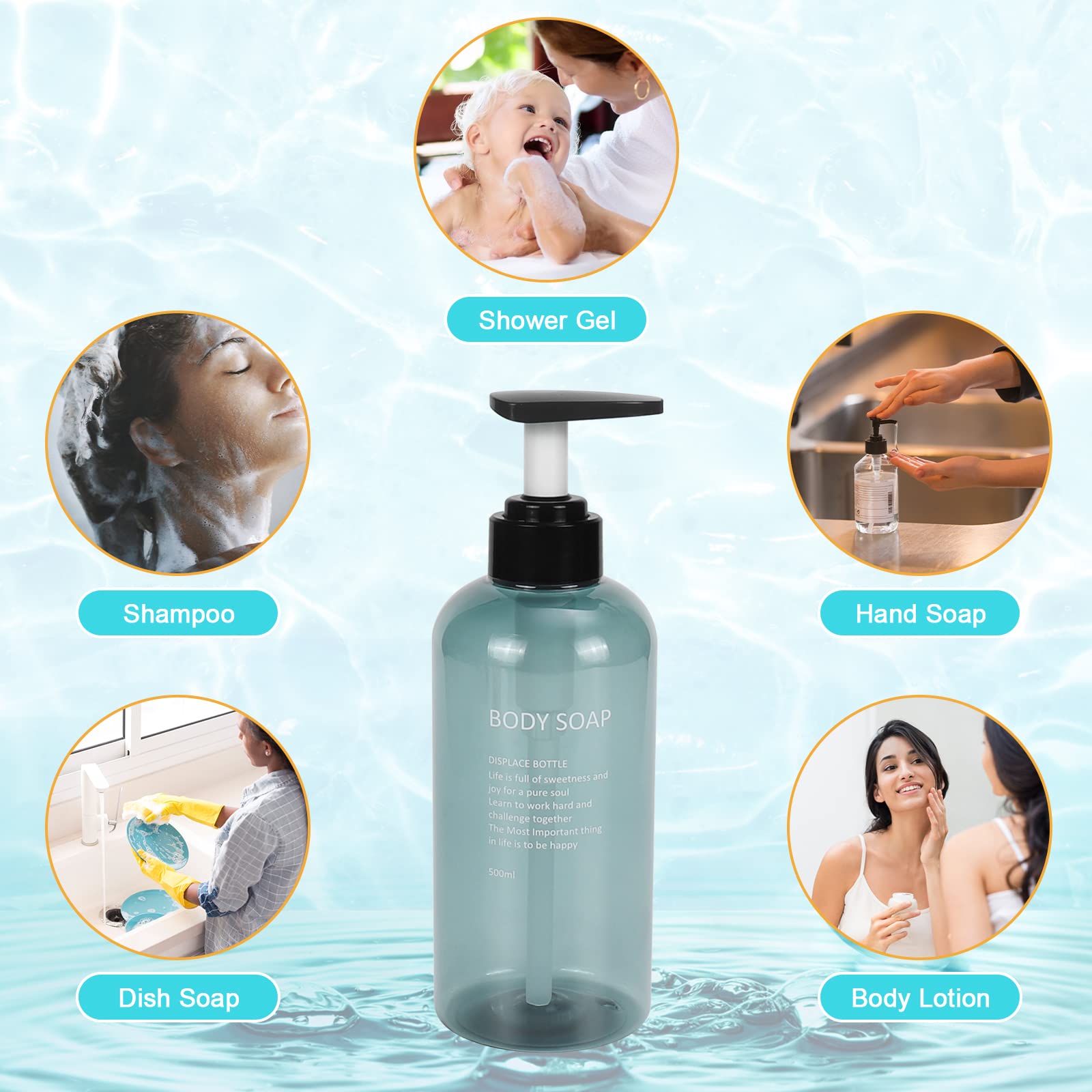 Set 3 Dispenser Shampoo E Bagnoschiuma 300 Ml – Plastica PET Con Pompa Bloccabile – 12 Etichette Impermeabili - 6