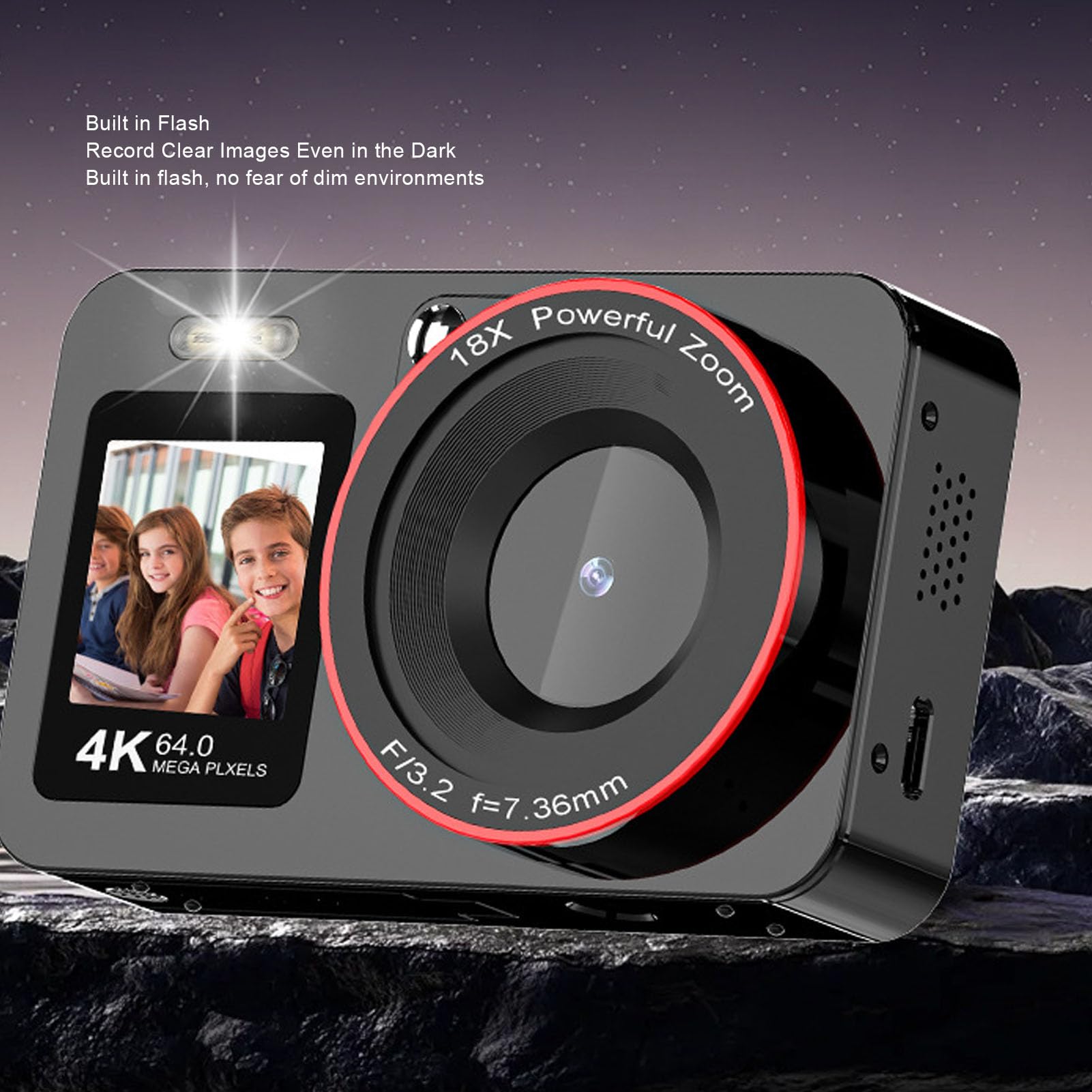 Tosuny Fotocamera Digitale 4K, Fotocamera Selfie con Doppio Schermo HD da 64MP e Zoom 18X con Flash Incorporato, per Fotografia Registrazione Video Principianti Studenti Adolescenti (Black)