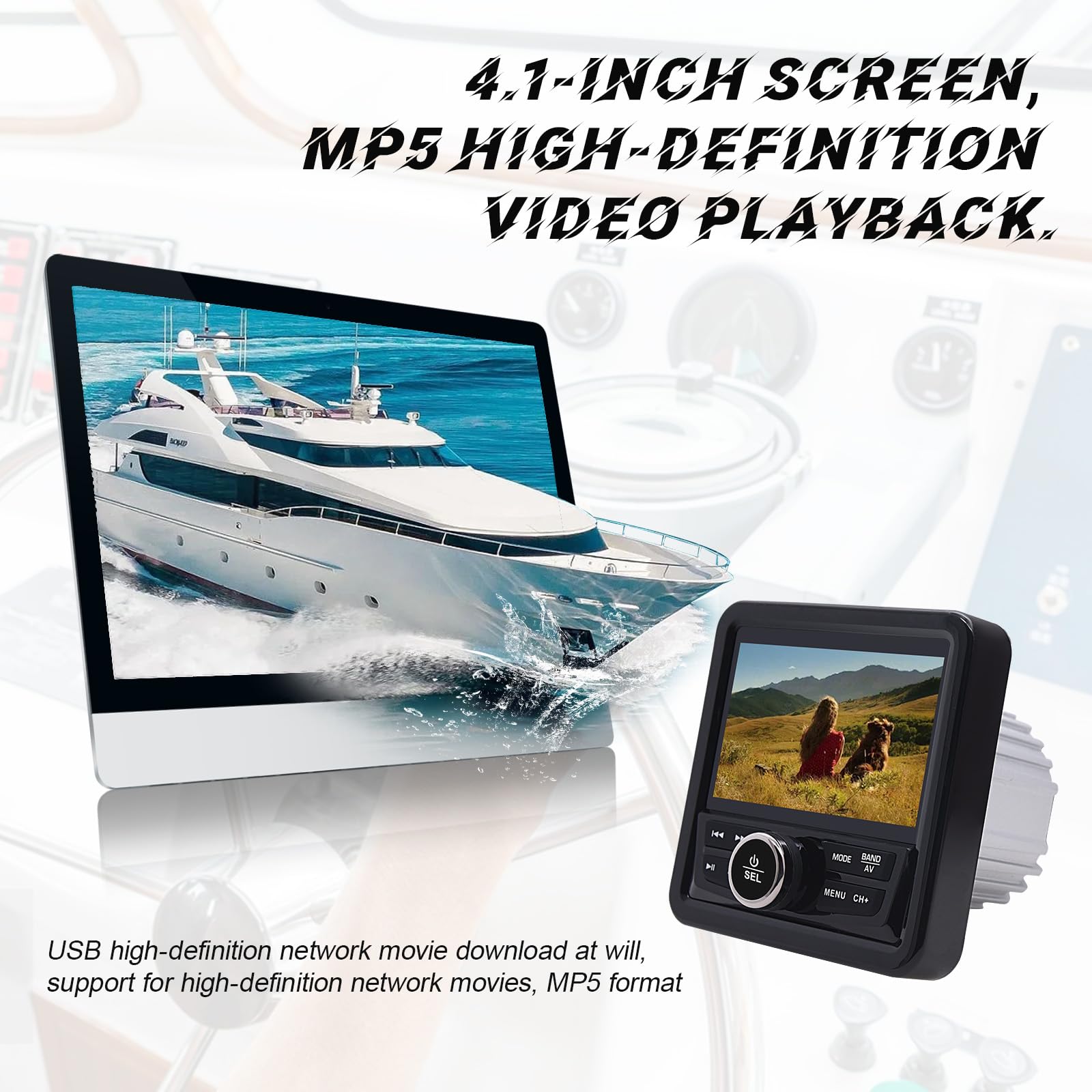 Geloo Marine Boot Stereo Radio Wasserdicht, MP5 Multimedia-Player mit 4.1” LED Digital Display, AM/FM Radioempfänger Universal für Boote, Yachten BZRs und Golfwagen, ATVs