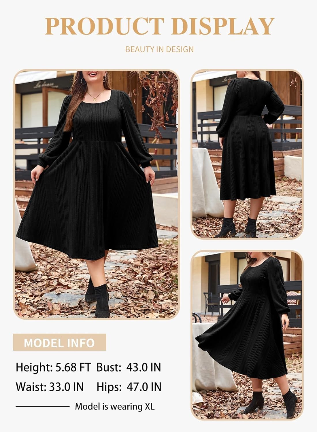 Eytino Womens Plus Size Dress Square Neck Long Sleeve Midi Sweater Dresses with Pockets(1X-5X) - Image 3