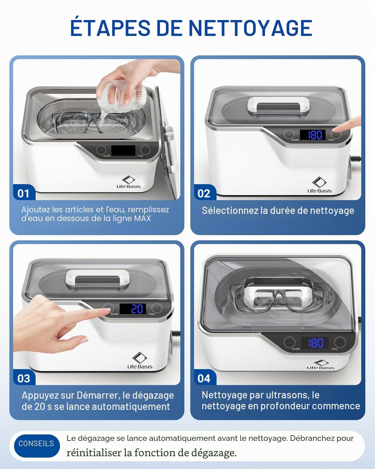 LifeBasis Nettoyeur Ultrasons 600 ml Professionnel, Bac Ultrasons avec 5 Modes de Nettoyage pour Lunettes, Bijoux, Montres, Argent et Rasoirs