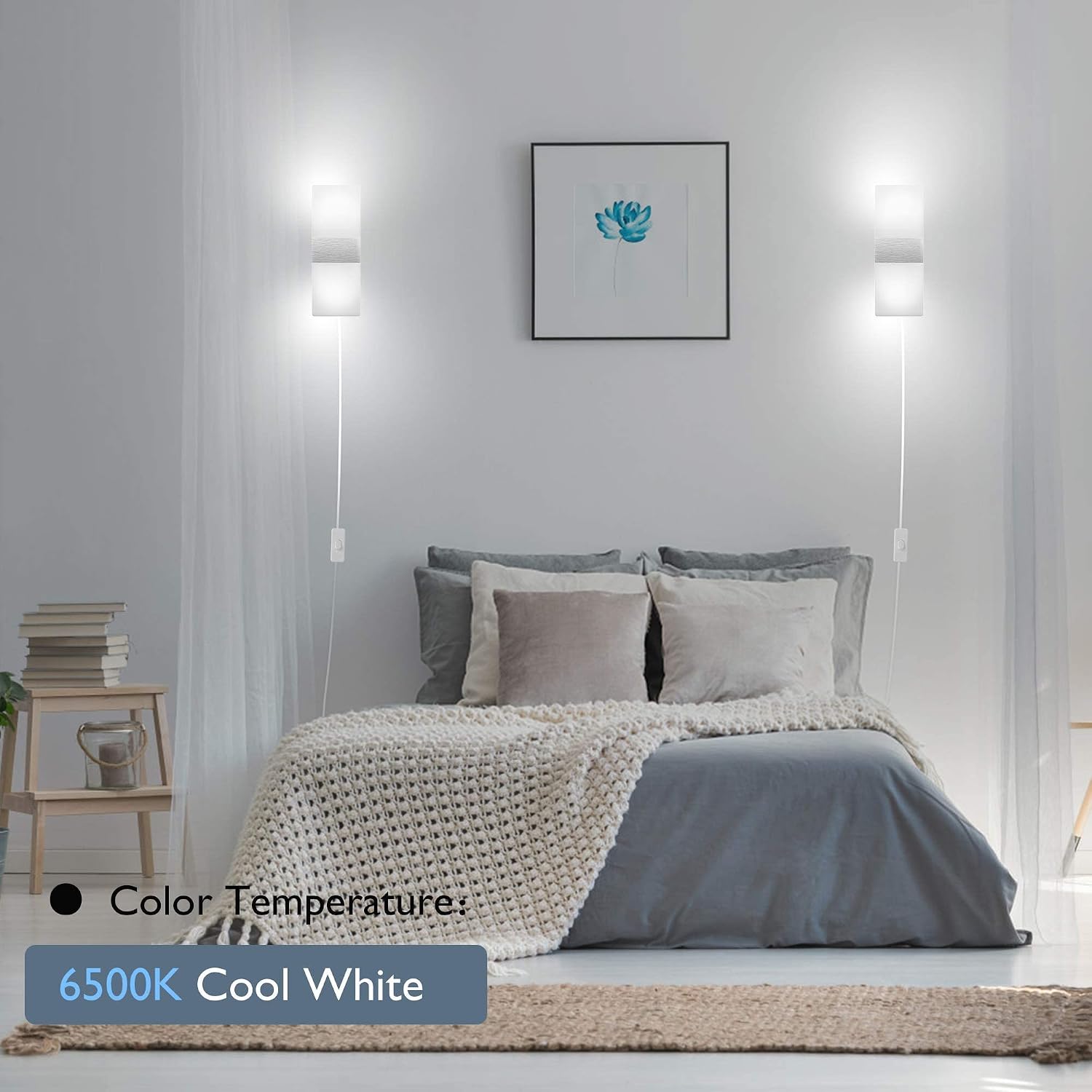 JACKYLED Modern Wall Sconces Set of Two, Wall Lamp with 6 Ft Plug in Cord and On/Off Switch on The Cord, Acrylic LED Wall Lights for Living Room Bedroom Hallway TV Wall, 12W 6500K, Cool White