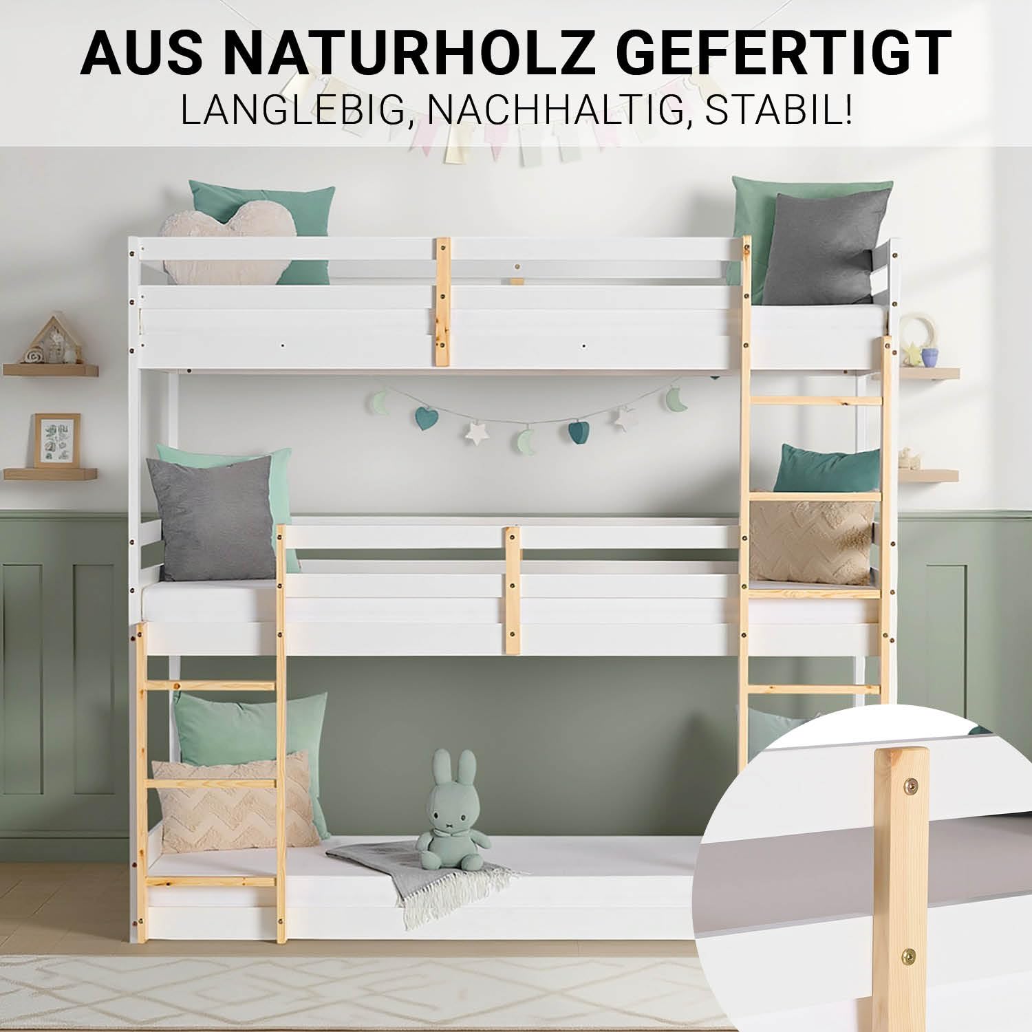 Homestyle4u Lit superposé pour 3 Enfants Lit Mezzanine 90x200 avec escalier, sommier à Lattes, Bois Blanc, Finition Naturelle | Article 2589