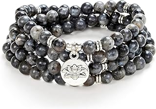 108 Bead Mala Bracelet with Lotus Charm and 6mm Small Stone Beads