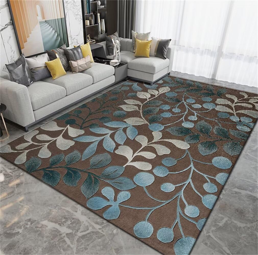 Tapis chambre enfant bleu 100x150 antidérapant à motif feuilles fraîches