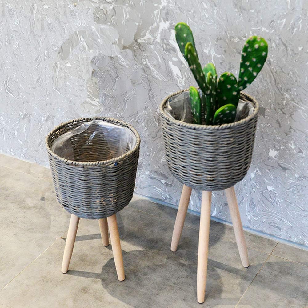 Modern Indoor Plant Basket with Pot,Handmade Unique Planter Stand Mid-Century Wood Flower Pot Holder-Home Decor,Set of 2 (Grey)