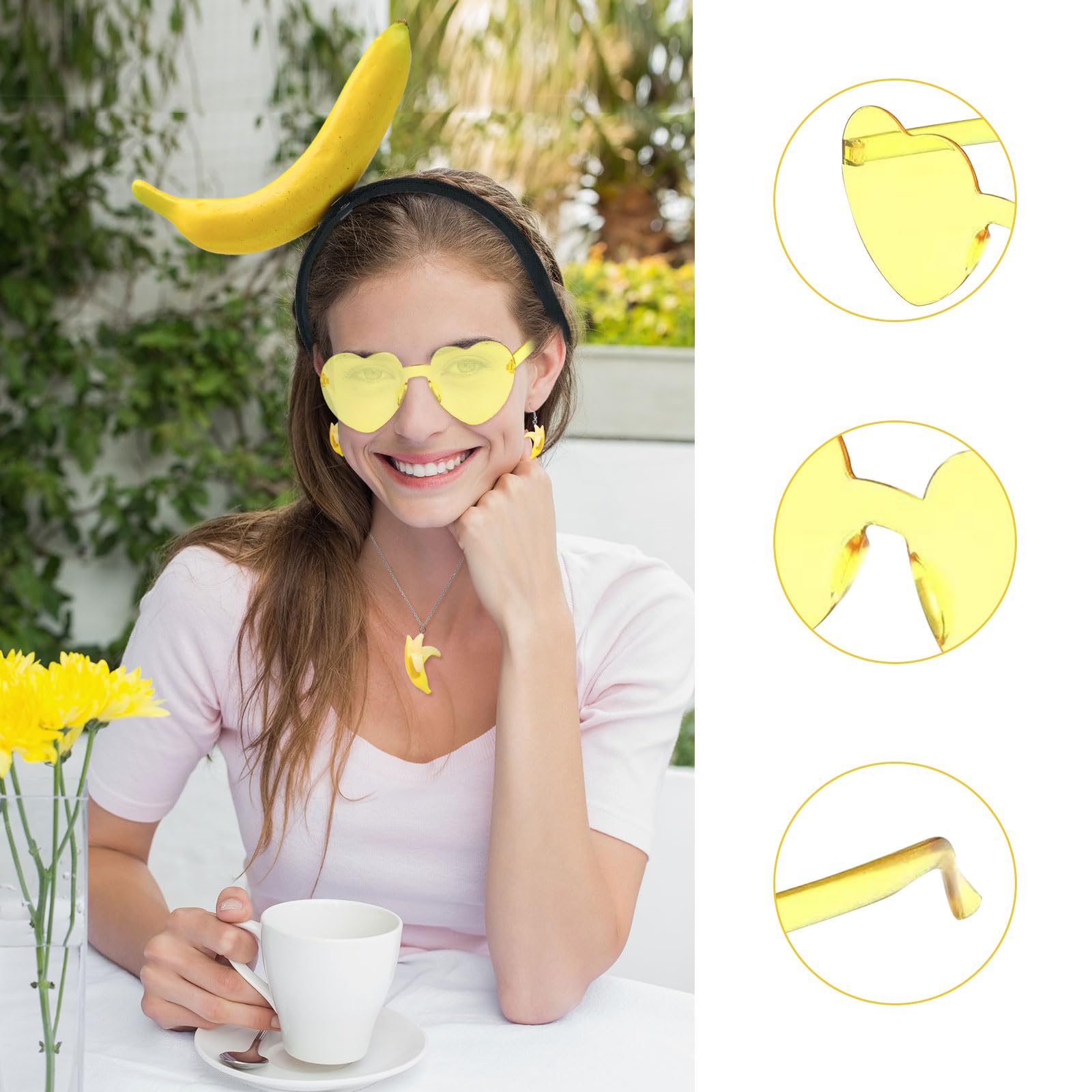 UILYNIU 4 Pcs Banana Costume Set Banana Fancy Dress Women Banana Headband Heart Sunglasses Banana Necklace Earrings Banana Accessories for Hawaiian Fancy Dress Carnival Fruit Costume Party (4 Pcs) - Image 4