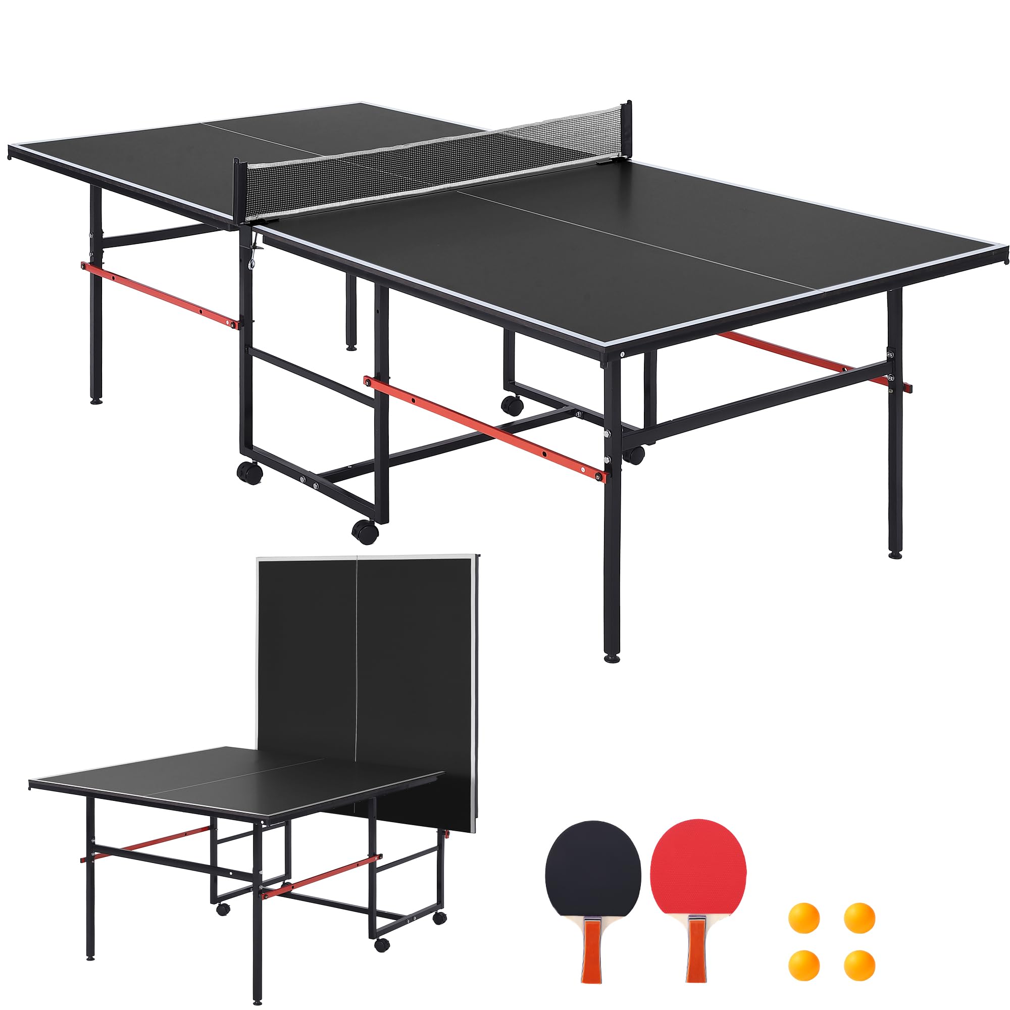 garvee 8 ft portable ping pong table?professional game for adults teens | foldable indoor outdoor table tennis set with net, 2 paddles and 3 balls - quick assembly, single player playback mode