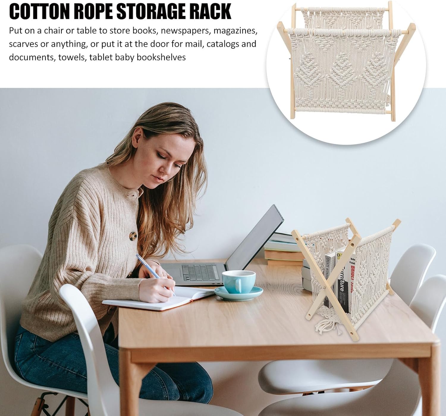 VICASKY Woven Cotton Rope Magazine Rack Rustic Desktop Storage Basket Books Newspaper Holder Floor Standing Organizer for Home Office Living Room