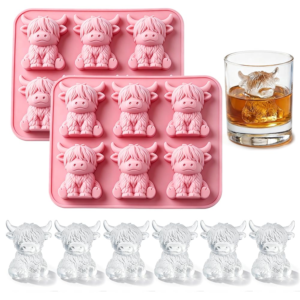 2 Pack Silicone Highland Cow Ice Cube Tray, Mini Highland Cow Ice Cube Mold, Cute 3D Animal Silicone Ice Cube Tray for Drinks, Fun Reusable Ice Molds for Beer/Whiskey/Cocktails/Coffee (Pink)