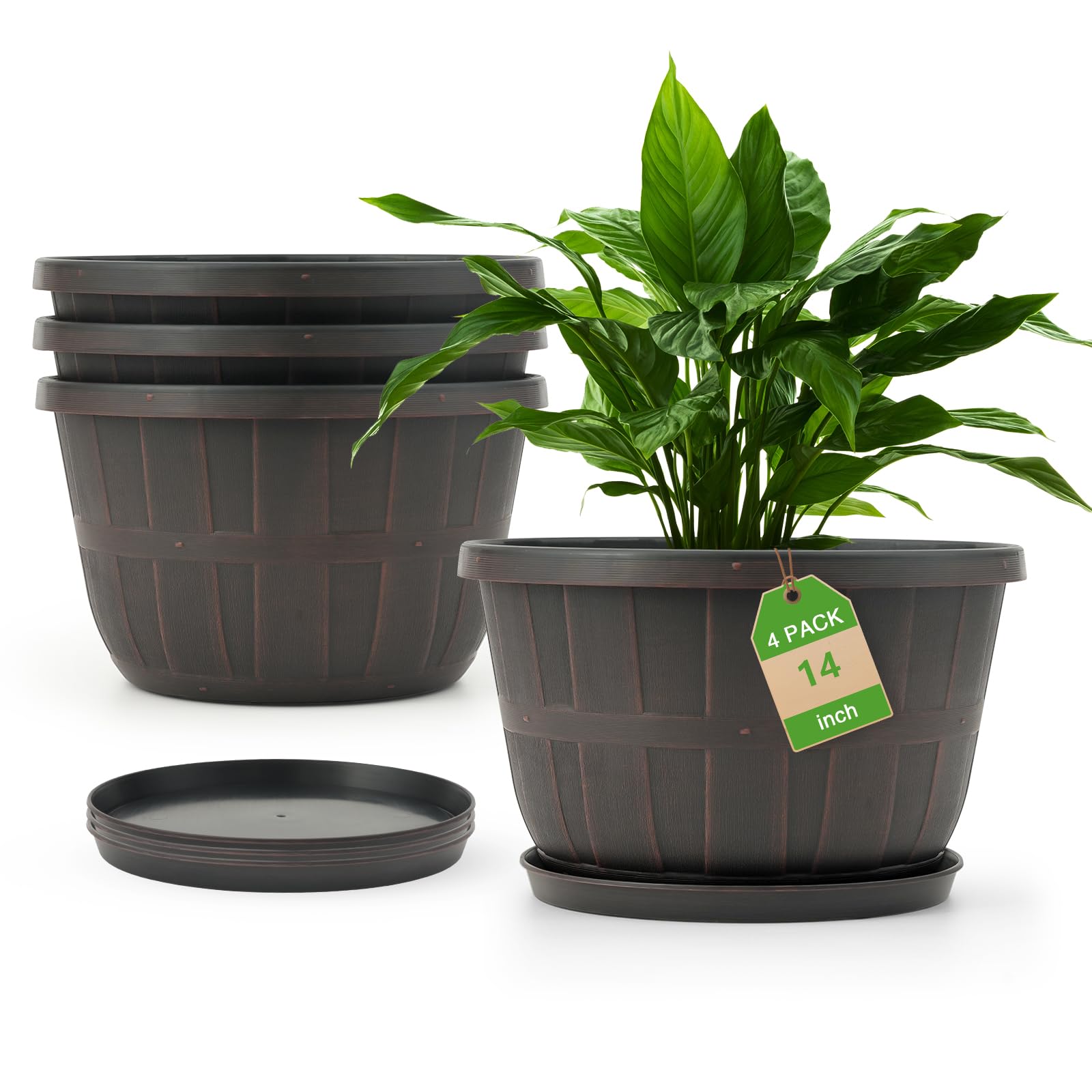 Quarut 14 Inch Plastic-Flower-Pot-for-Indoor-Plants, 4 Pack Large Outdoor Planter Pot with Drainage Holes & Saucers, Resin Decorative Garden Pots Planters（Brown）