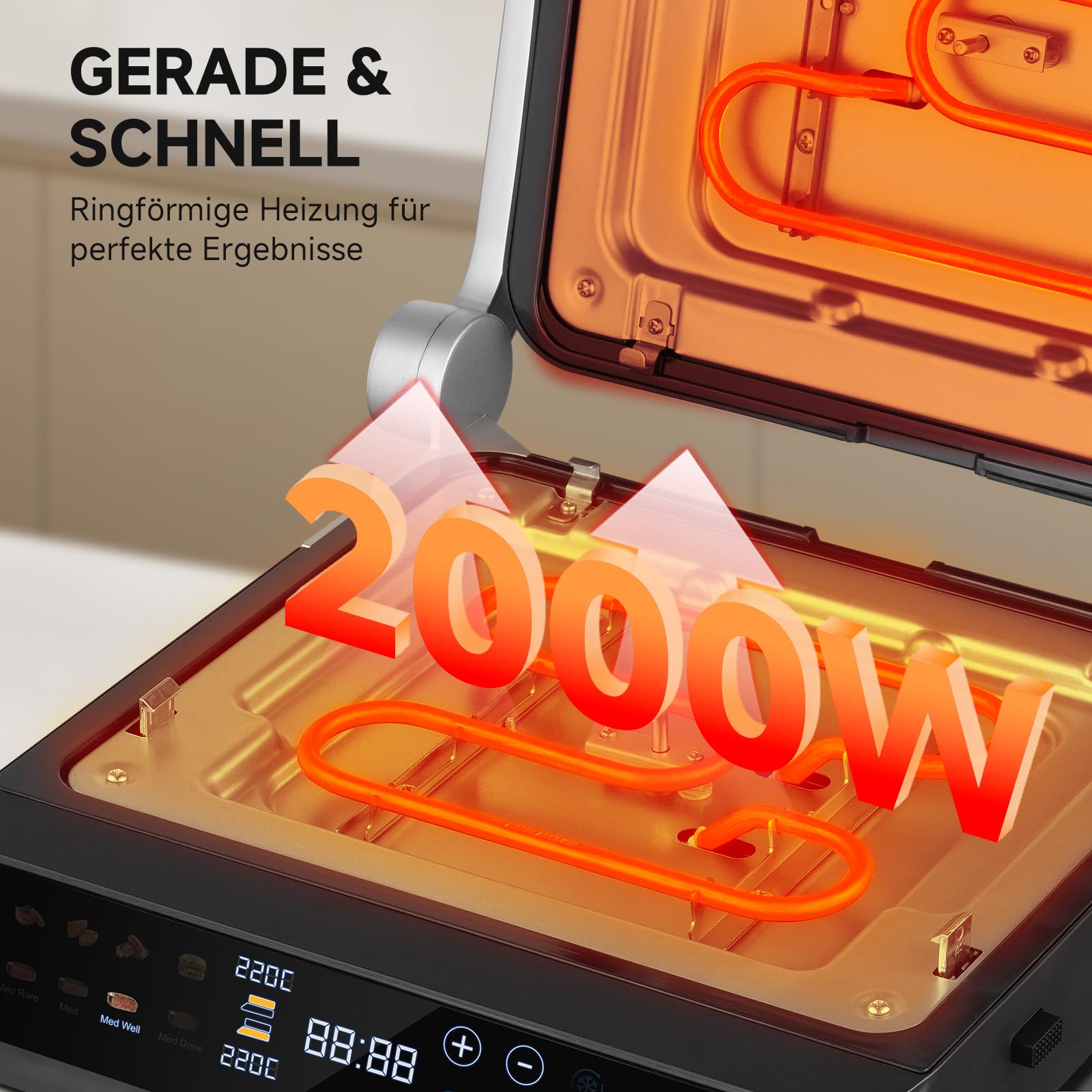 AMZCHEF XL Kontaktgrill 4-in-1 mit Temperaturfühler & GrillBoost 280 °C – Elektrogrill 6 Programme, 180° Öffnung, 2 Zonen, wechselbare Antihaftplatten
