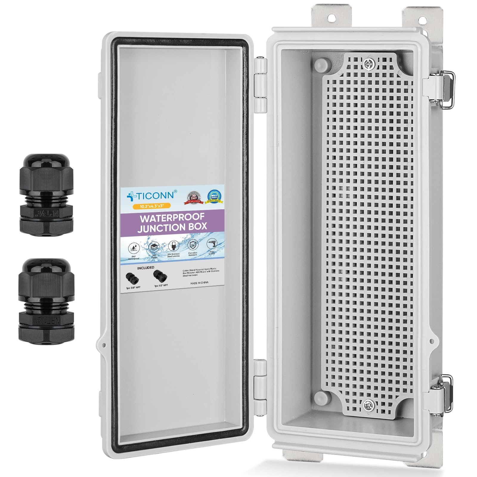 TICONN Waterproof Electrical Junction Box IP67 ABS Plastic Enclosure with Hinged Cover with Mounting Plate, Wall Brackets, Cable Glands (Off-White, 10.2"x4.3"x3.0")