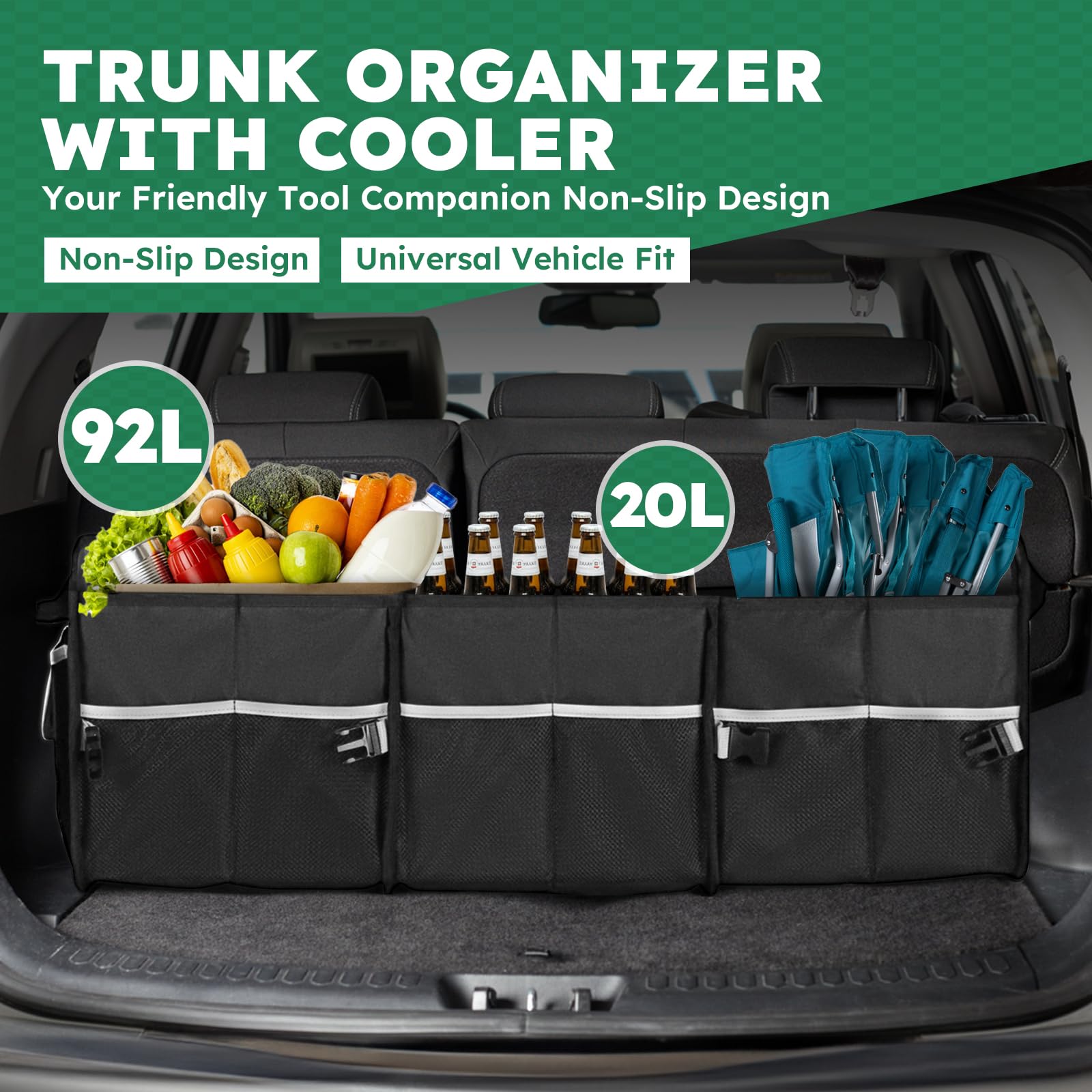 Organizer per bagagliaio con borsa fresca da 20 l, resistente Oxford 600D, pieghevole, per SUV, Hatchback, station wagon, grande capacità (92 L + 20 L), 2 ganci di fissaggio e strisce