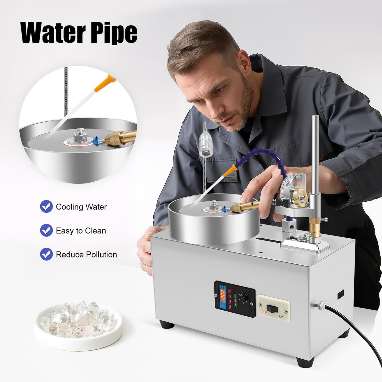 Machine à Polir Les Gemmes, Facetteuse de Précision, 180W Cuivre, 80 Nm, 0-2800 TR/Min, Roulements Silencieux, Éclairage, Écran Anti-Projection, pour Travail Propre, Bijouterie