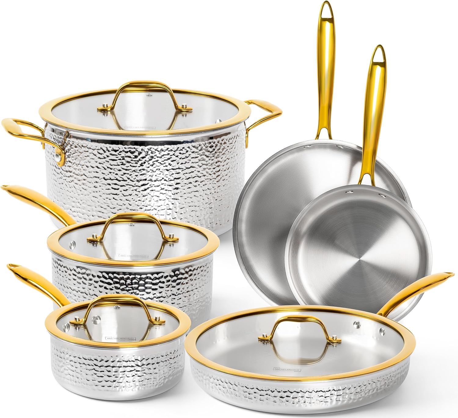 MICHELANGELO 10-tlg. Topf- und Pfannenset Induktion, Edelstahl, gehämmert | Kochgeschirr-Set | Gehämmerte Optik | Goldfarbene Griffe | 3-lagiger Edelstahl | PTFE-/PFOA-frei | Backofen bis 315°C