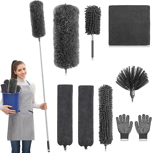 Kits de plumero de microfibra de 8 piezas plumeros extensibles y flexibles con poste de extensión largo, plumeros ligeros lavables para limpiar