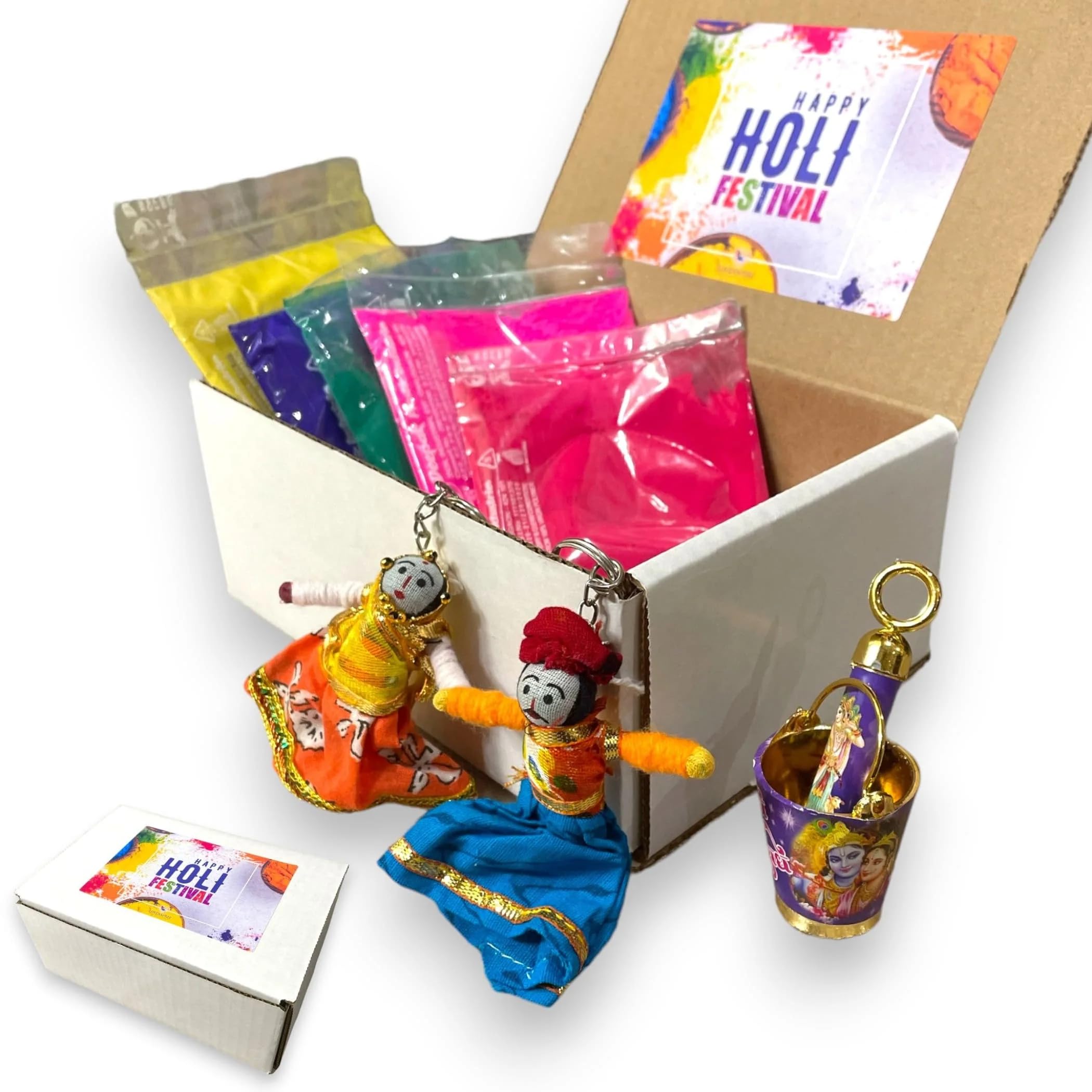 LOVENSPIRE Holi Gift Hamper Holi Decoration Premium Handmade Indian Gift Hamper Holi Party Favors Festive Hamper Holi Gulal Colors, Radhe Krishna Pichkari Bucket, Keychains