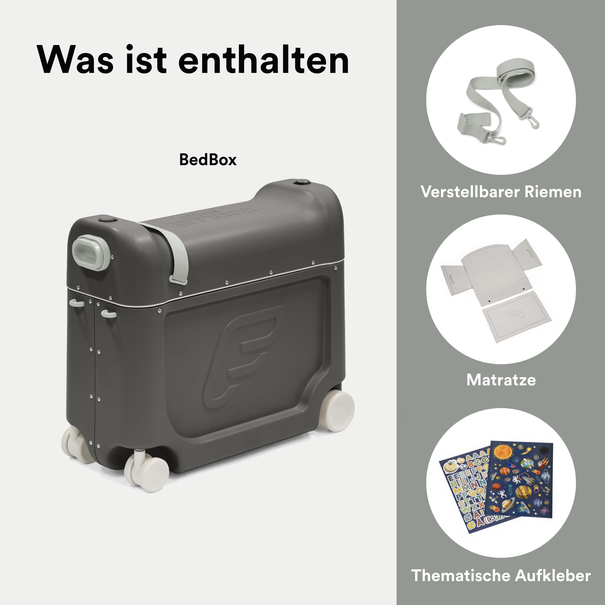 Stokke JetKids BedBox, Midnight Grey - Aufsitzkoffer für Kinder von 2-7 Jahren (bis 35 kg) - Lässt Sich in EIN Bett verwandeln - Inklusive Matratze, dekorativen Aufklebern & verstellbarem Tragegurt