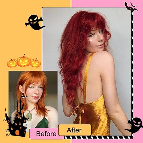 Miniatura 8 de Peluca negra con flequillo para mujer, pelucas largas onduladas, peluca sintética rizada de aspecto natural, pelucas resistentes al calor, para uso