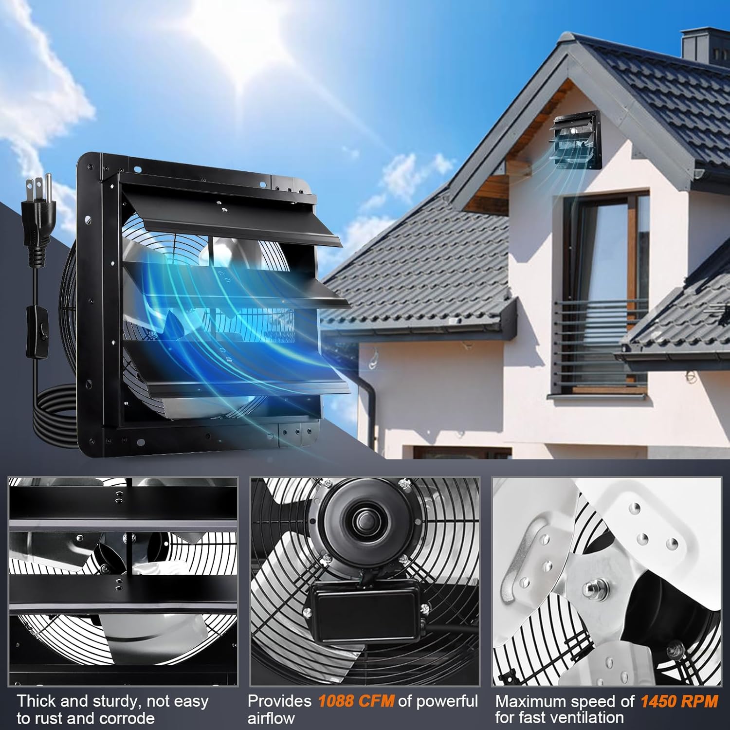 Hiorucet 14 Inch Wall Mounted Shutter Exhaust Fan with 1.8M Power Cord, 60HZ, 75W, Pure Copper Motor with High Speed Low Noise, Automatic Shutter Attic Fan, Ventilation for Greenhouses, Garages, Sheds