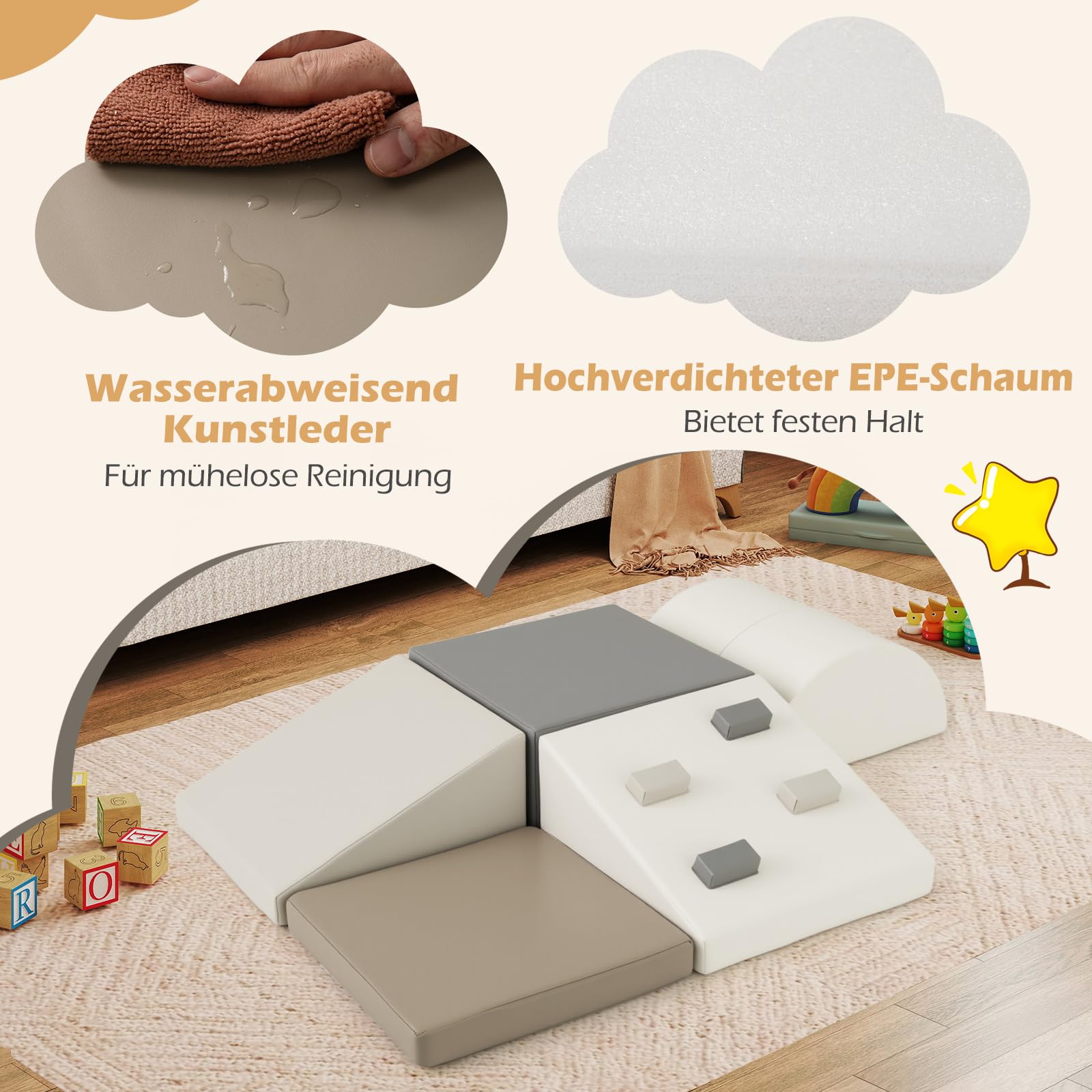 COSTWAY 6 TLG. Schamstoff Bausteine Kinder, Softbausteine mit Kletterfelsen zum Klettern & Krabbeln, Riesenbausteine aus Schaumstoff, Großbausteine Kletterblöcke für Innenbereich (Weiß)