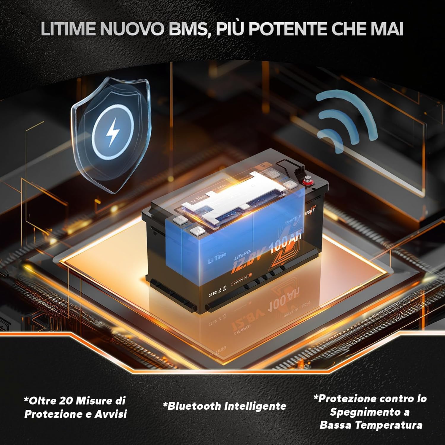 LiTime Batteria Litio 12V 100Ah H190, Intelligente e Bluetooth Batterie Lifepo4 con 100A BMS, Protezione dalle Basse Temperature, 4000+ Cicli, 20,48kWh, Dimensioni DIN H8 L5